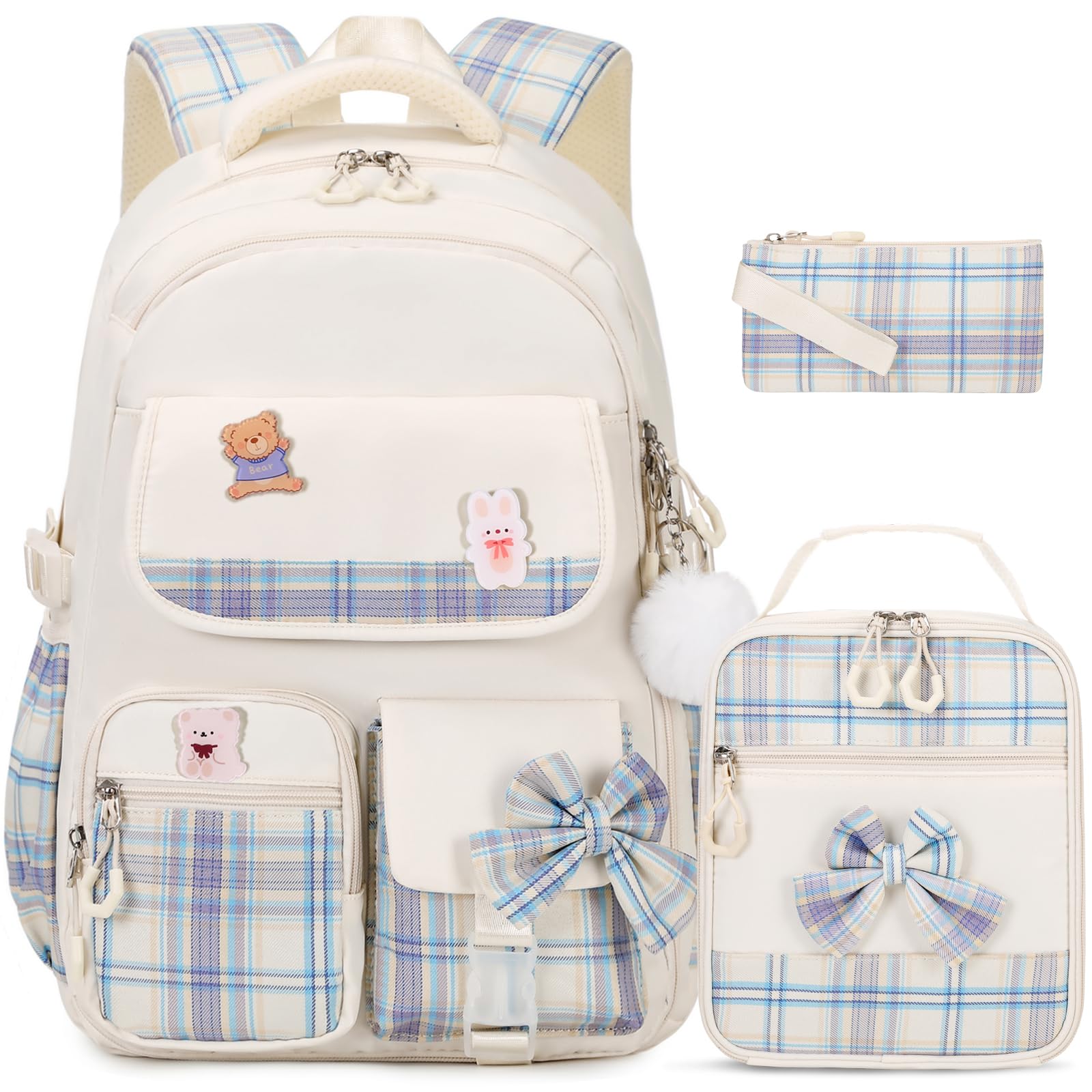 Girls Backpack - 3PCS Backpack for Girls Cute School Backpacks for Kindergarten Elementary Preschool Middle Kids School Bags with Lunch Box Pencil Case Set (Beige)