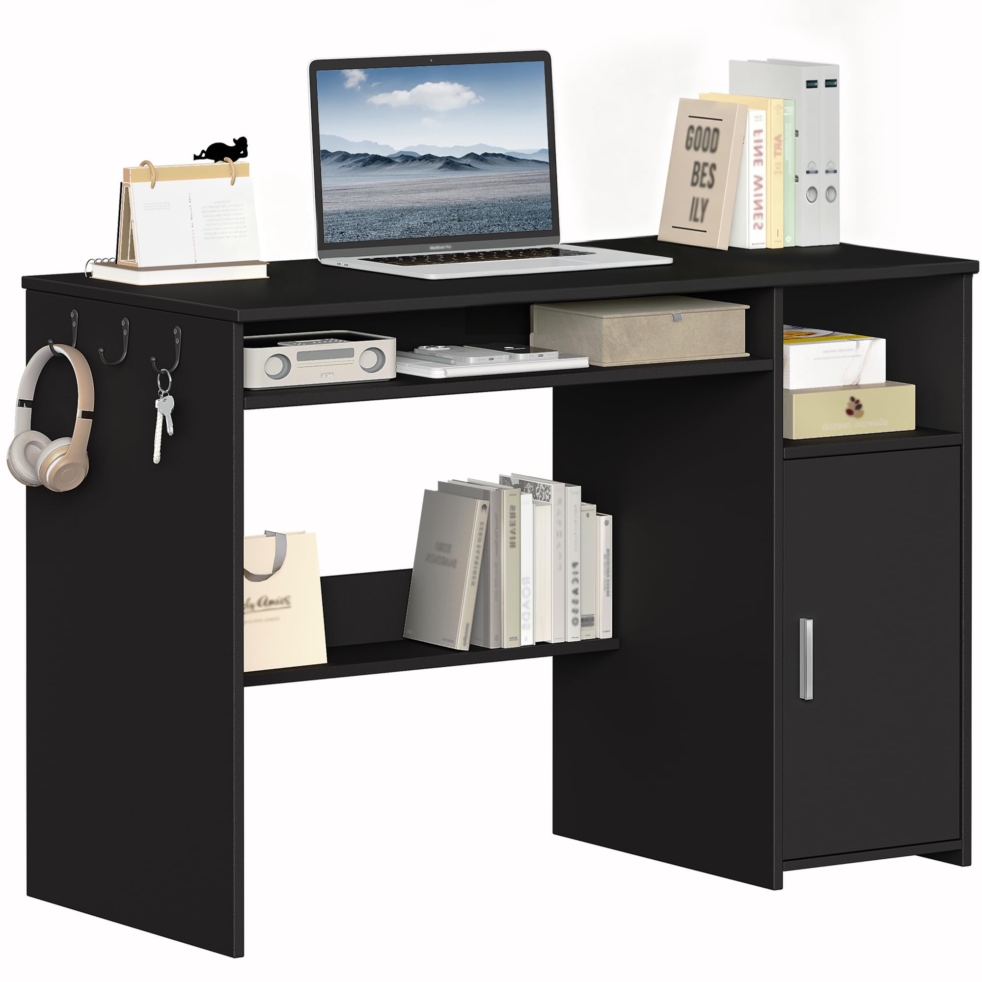 Hzuaneri Mesa Ordenador, Mesa de Oficina con Almacenamiento, Escritorio Moderno con Estantería, para Estudio, Oficina, Dormitorio, 50 x 108 x 75 cm, Negro CD10106X