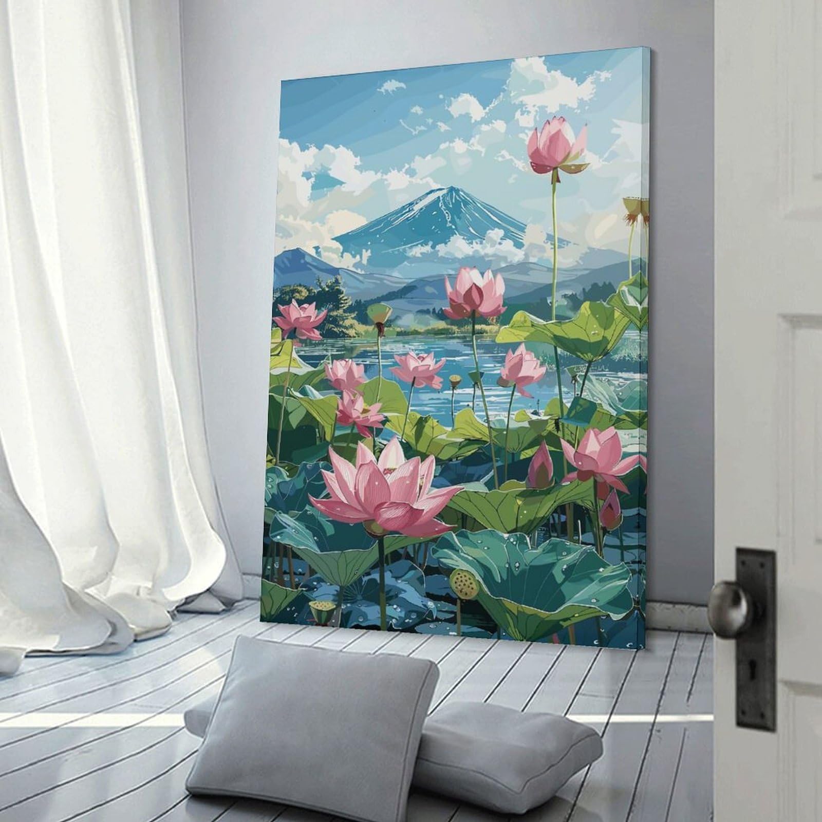 Junmoney Lotus Pond with Mt. Fuji Wall Picture Print 12x18inch(30x45cm), for Corridors, Hallways Or Apartment Entries, Wall Decor to Refresh Empty Corners