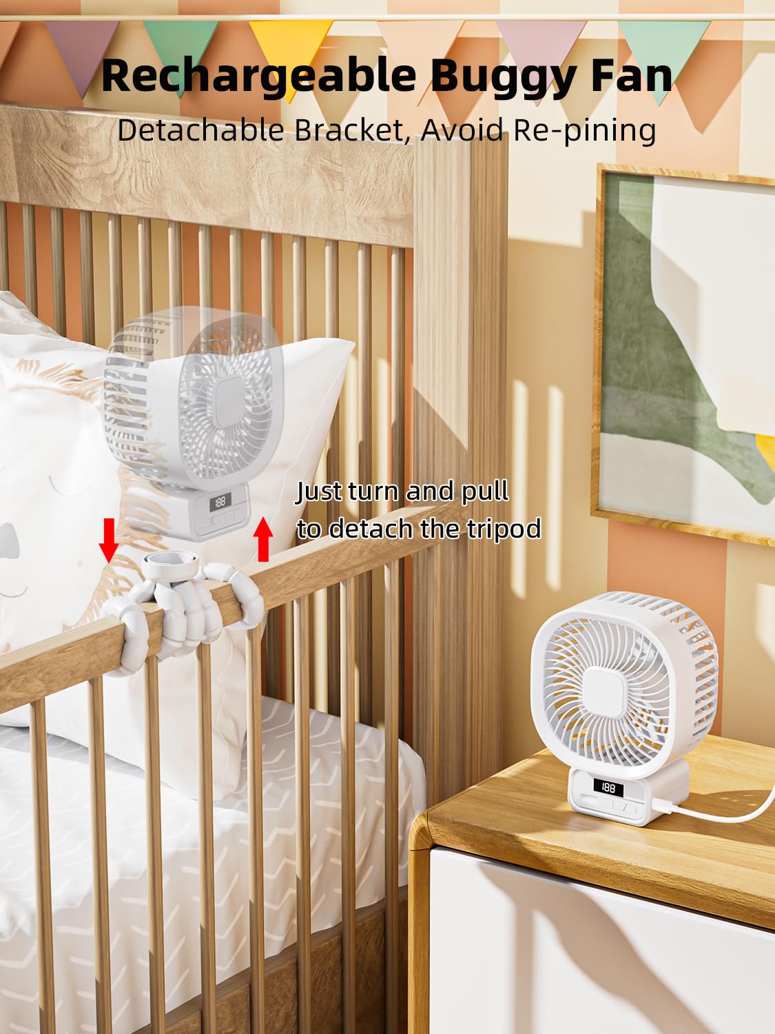 Ventilateur Portable Poussette avec 10000mAh, 3 Vitesses Ventilateur Rechargeable à Rotation 270°, Ventilateur USB Silencieux avec Support Amovible et LED Convient aux Poussette, Lit bébé, Blanc