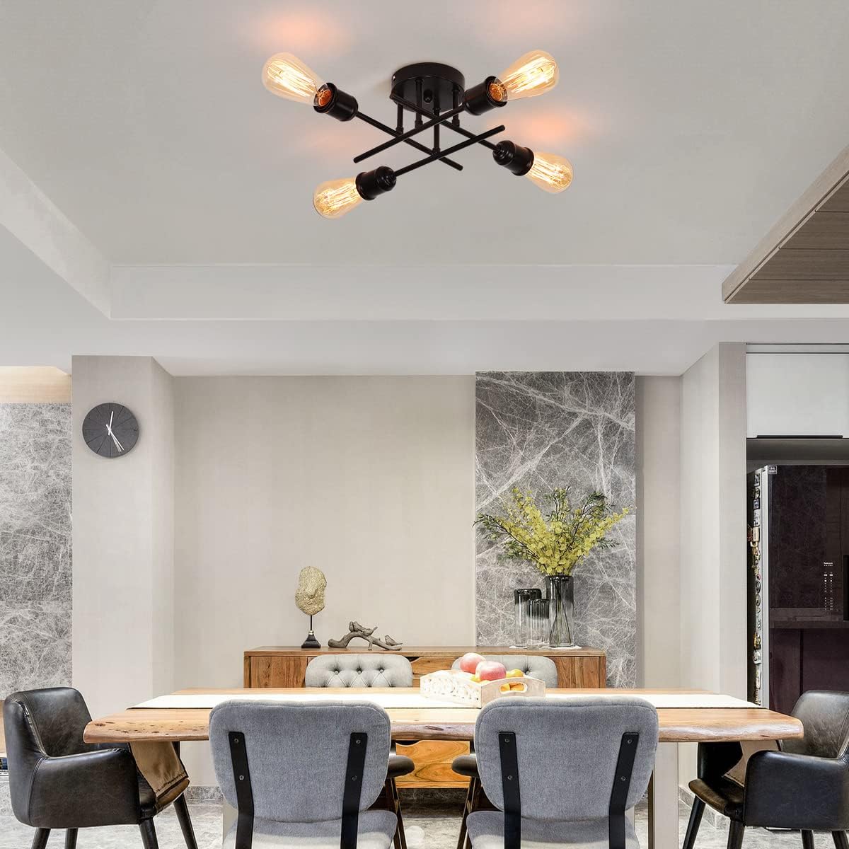 JIINOO Industrial Semi Flush Mount Ceiling Light Fixture, 4-Light Mid Century Sputnik Chandelier, Black Vintage Metal Ceiling Lamp for Kitchen Living Dining Room Bedroom Farmhouse, E27 Base