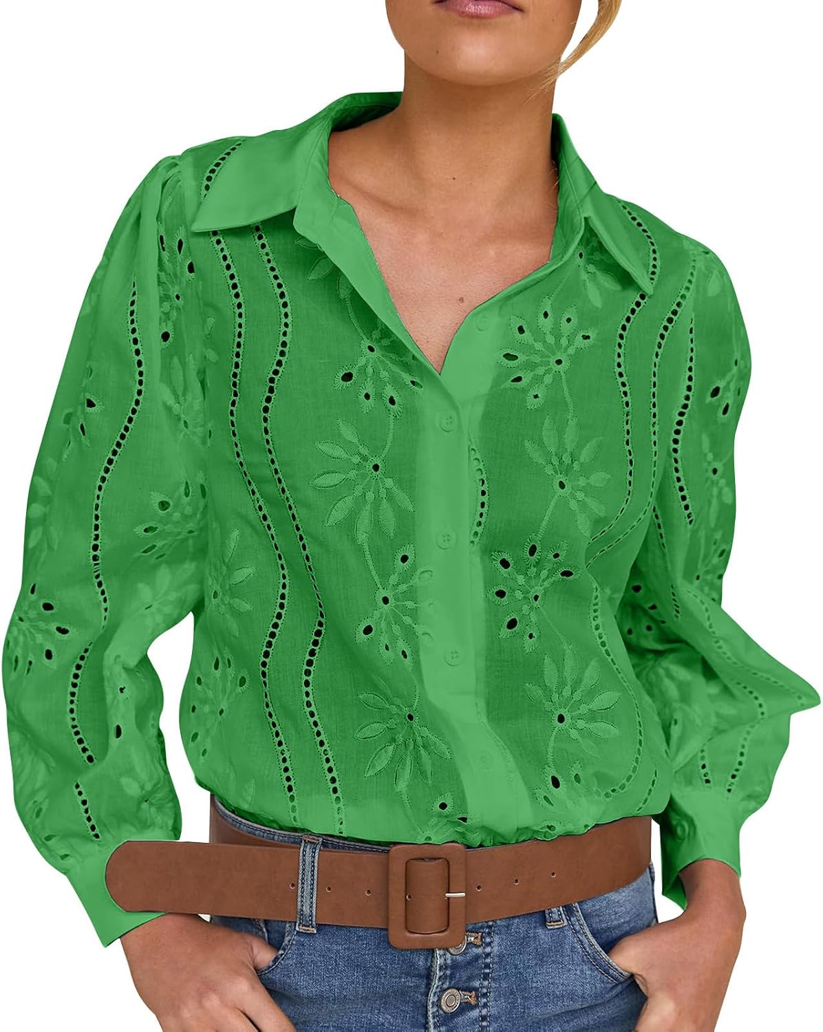 Women's Button Down Shirts Long Sleeve Eyelet Dressy Casual Loose Lapel Collared Blouse Spring Fall Work Clothes