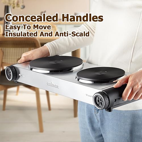 Miniatura 4 de Cusimax Placa caliente, 1800 W, quemador doble para encimera eléctrica, estufa de hierro fundido, mango oculto, controles de temperatura, compatible