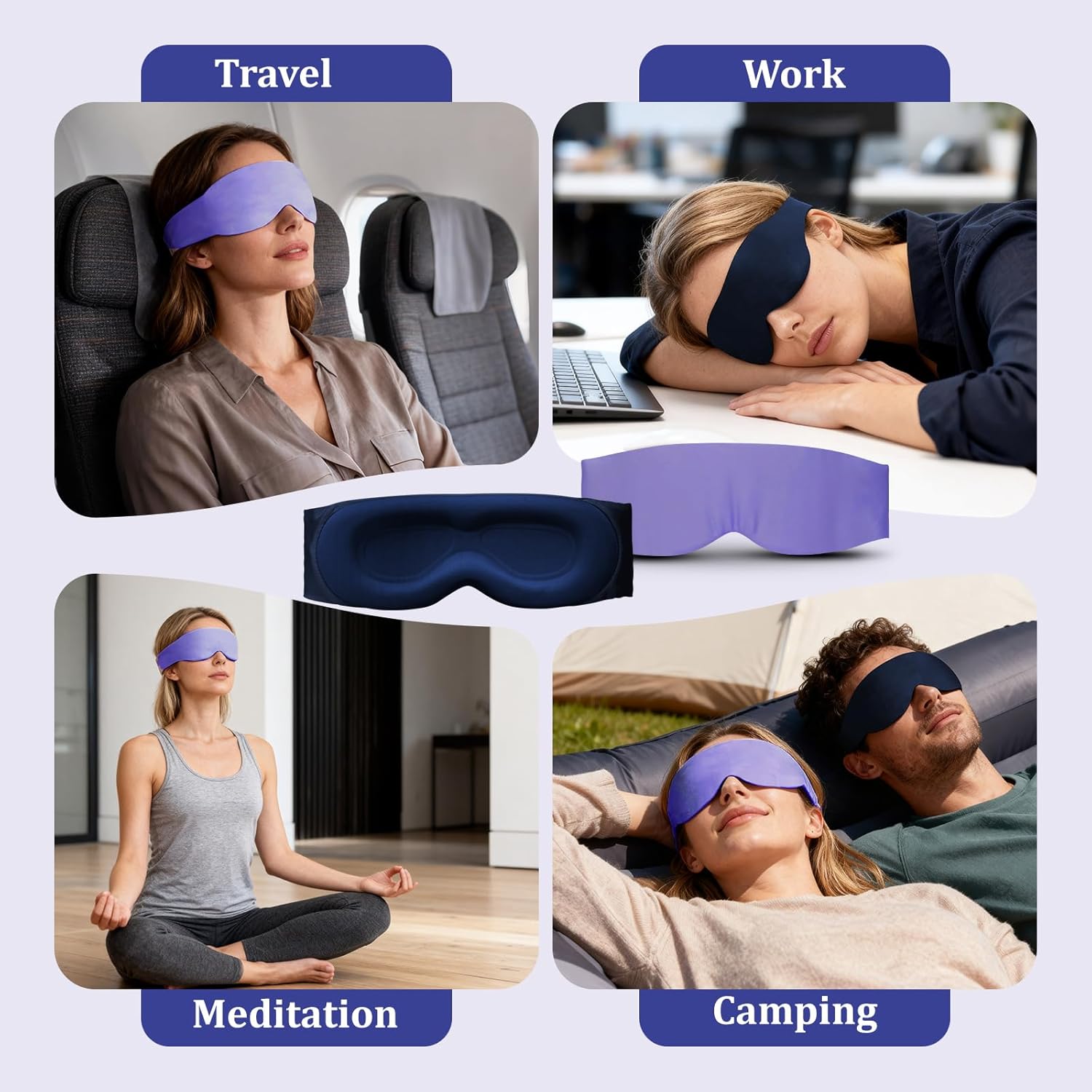 Silk Sleep Mask for Women & Men - 2 Pack Eye Masks for Sleep, 100% Blackout Sleeping Mask, 3D Zero Pressure Side Sleeper Night Blindfold Eye Cover for Travel Nap Flight (Purple & Blue)