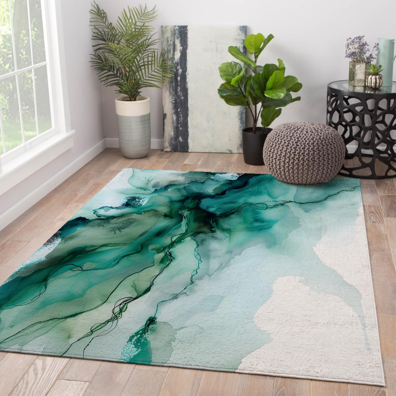 Tapis abstrait vert 120x240 cm grand format lavable pour salon chic