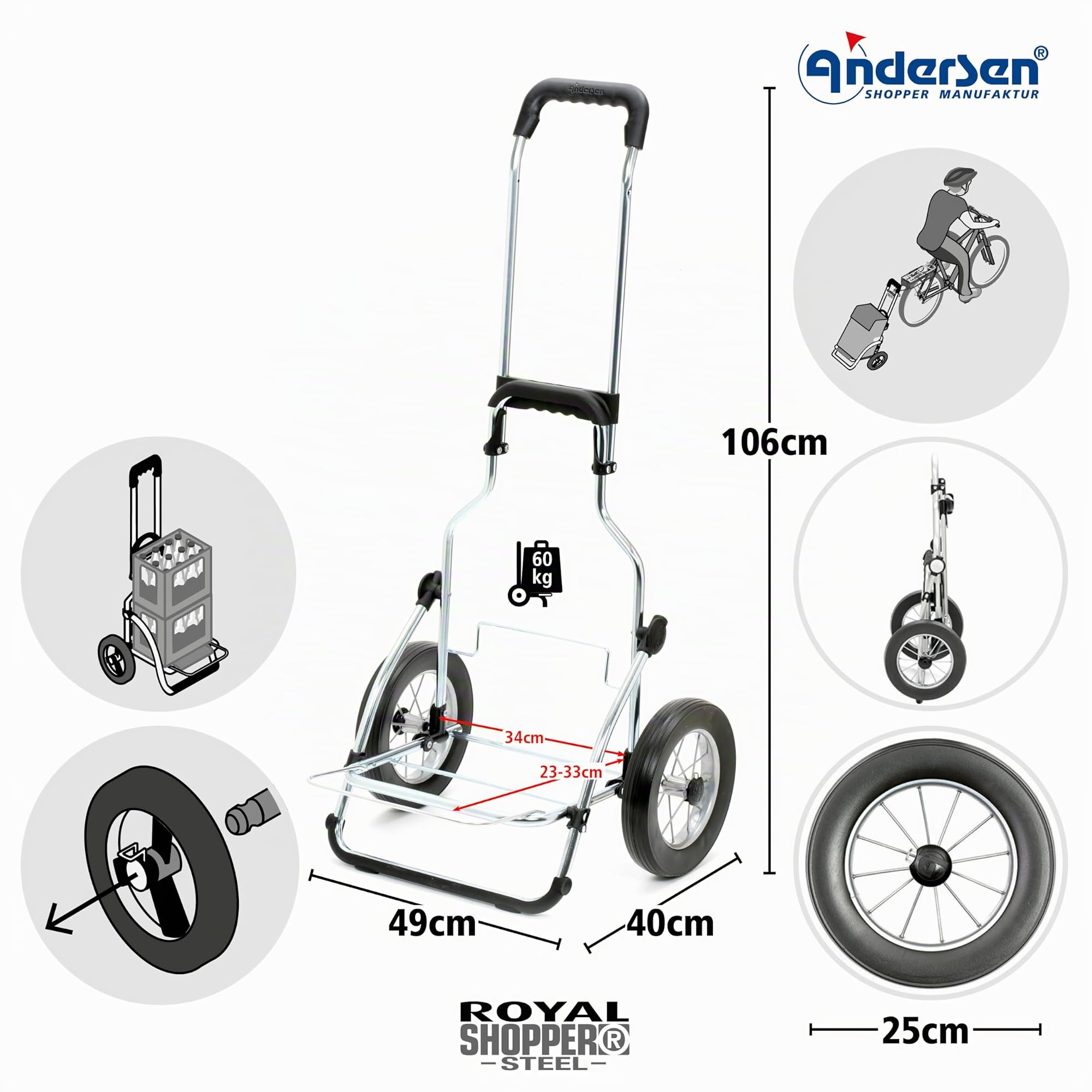 Andersen Einkaufstrolley - klappbar - 45 Liter - mit Kühlfach | belastbar 60 kg - Stahlgestell - Trolley - Metallspeichen-Rad Ø 25 cm - Royal Shopper Steel Wismar schwarz