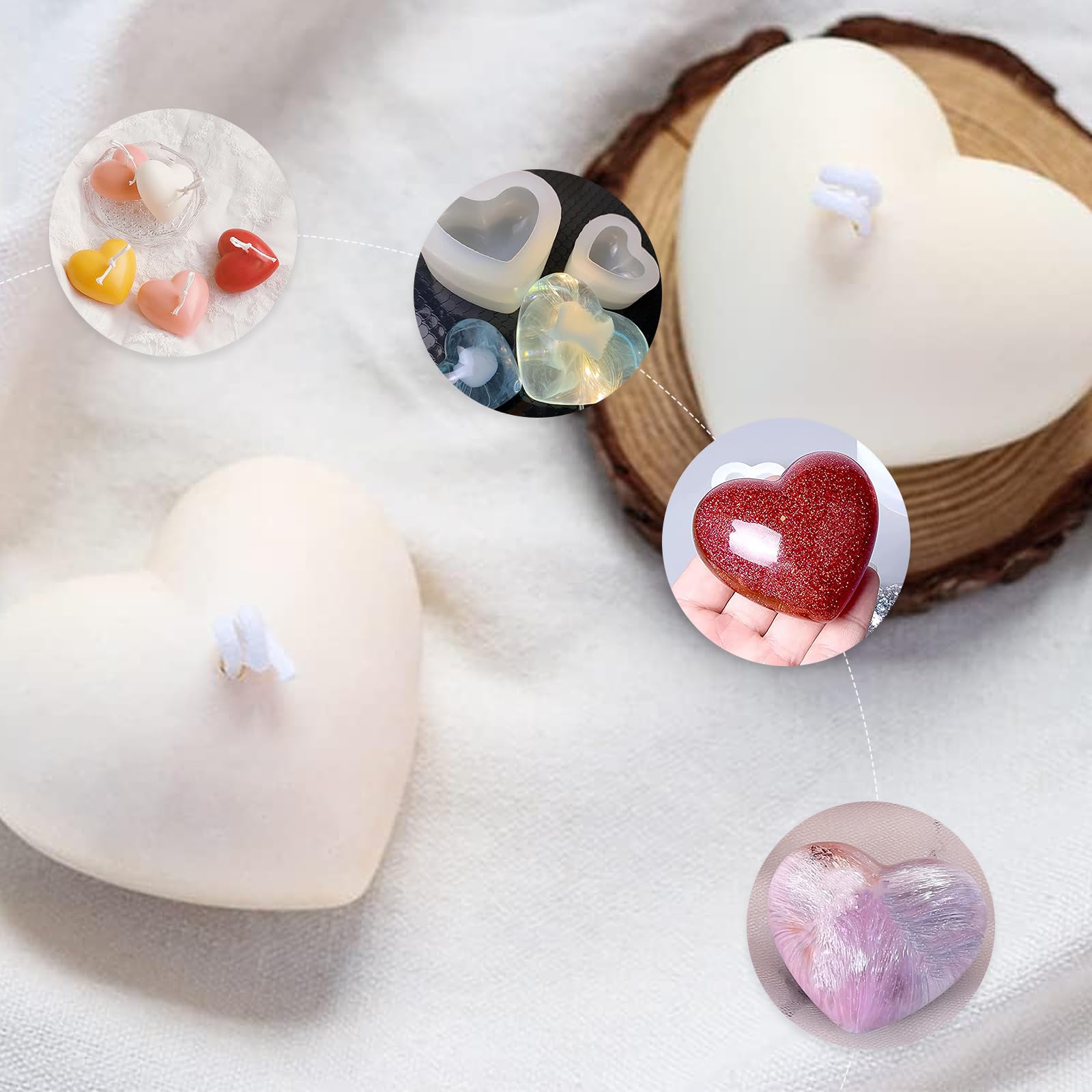 3 Pièces Moule Silicone 3D Forme Cœur - Moules Bougies, Résine Époxy, Chocolat, Glace Et Pâtisserie Avec 12 Mèches
