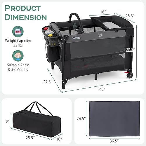 Miniatura 6 de INFANS Cuna de bebé, 4 en 1 para guardería y juego de bebé con cambiador, mosquitera, cesta de almacenamiento, bolsa de viaje para recién nacidos