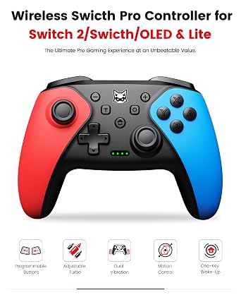 Switch Controller 2-Pack, Wireless Pro Controller for Switch2/Switch/Lite/OLED, Bluetooth Gamepad with Programmable Back Buttons, Turbo, Vibration, Gyro, Compatible with iOS/Android/PC, Includes 2 Stands