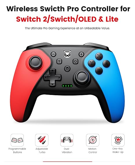 Switch Controller 2-Pack, Wireless Pro Controller for Switch2/Switch/Lite/OLED, Bluetooth Gamepad with Programmable Back Buttons, Turbo, Vibration, Gyro, Compatible with iOS/Android/PC, Includes 2 Stands