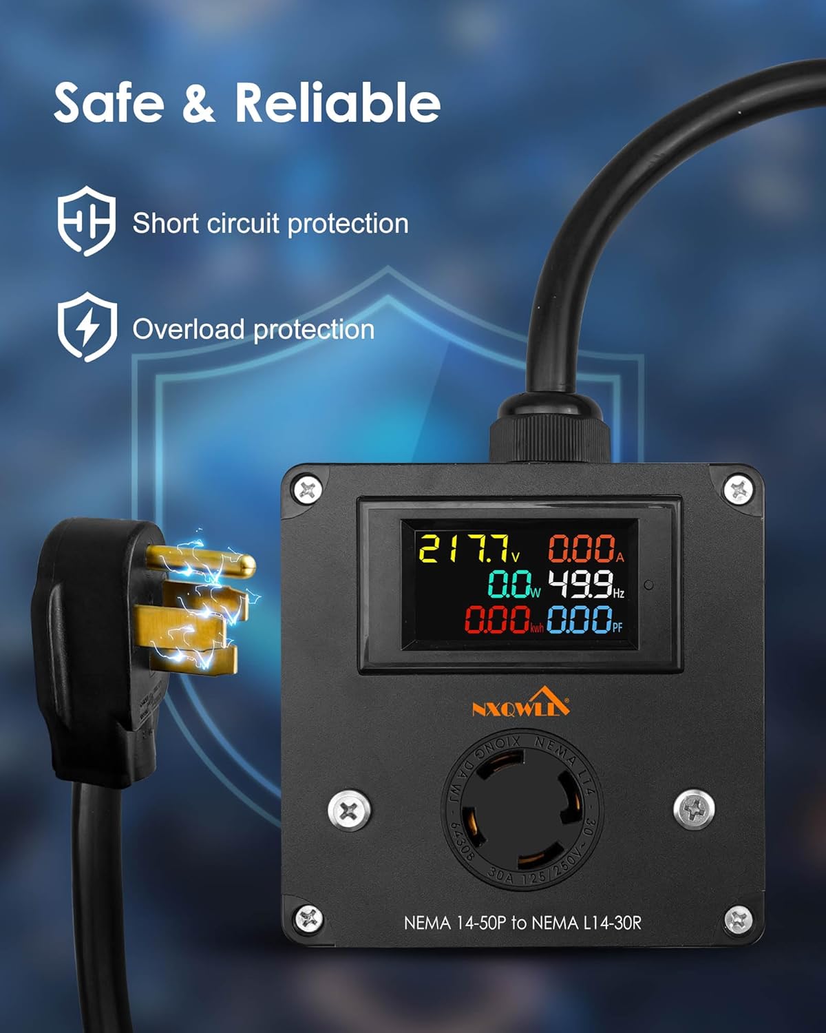 30A AC Power Meter, 240V NEMA 14-50P to NEMA L14-30R 4-Pin Locking Female Socket, Outlet Monitor for Generator, LCD Display Digital Multimeter Tester, 50A to 30A Multifunction Energy Monitor