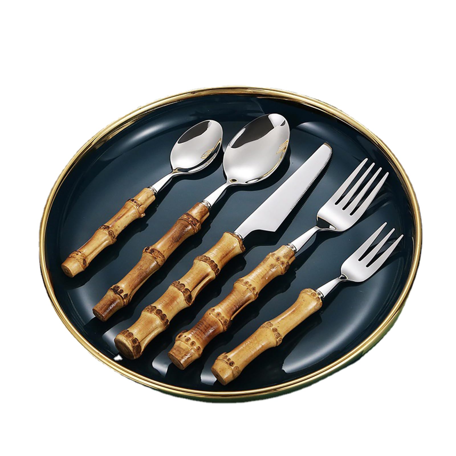 Juego de cubiertos de acero inoxidable de 60 piezas, juego de cubiertos para utensilios de cocina para el hogar para 12, juegos de cubiertos con mango de bambú, aptos para lavavajillas (60 piezas)