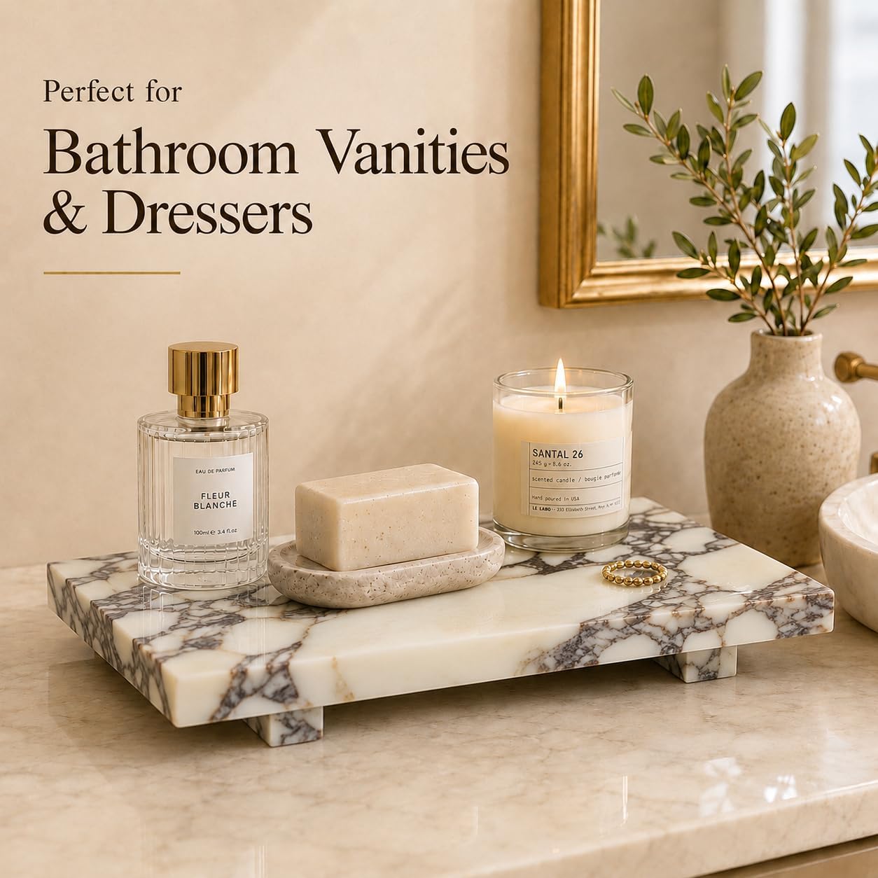 Marble Pedestal Tray Stand for Perfume, Soap & Vanity | 13.8 x 6.7 in Vanity Tray for Jewelry, Keys and Candles, Bathroom Counter, Dresser, Nightstand and Entryway Decor