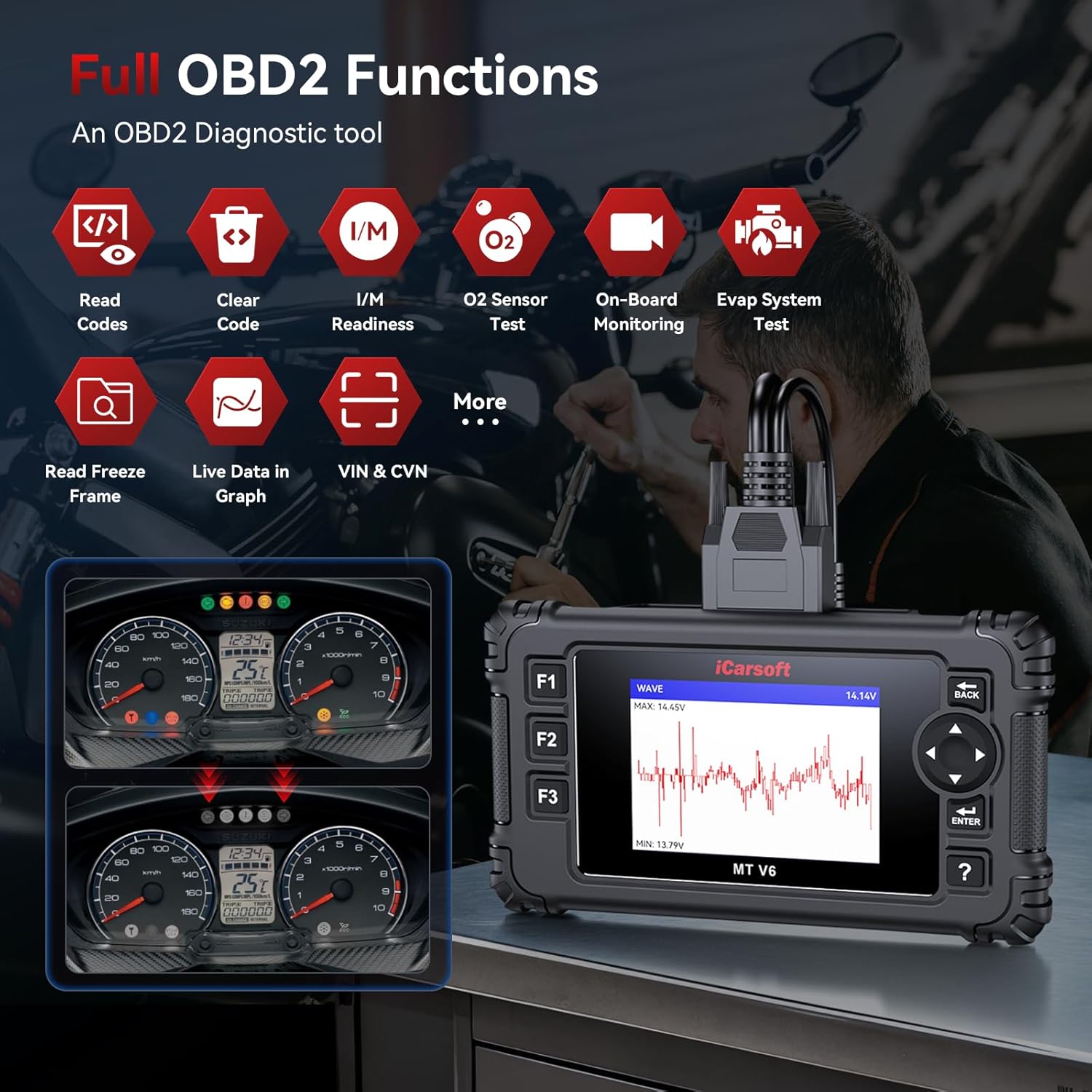 iCarsoft MT V6 for Suzuki Motorcycle Bidirectional Diagnostic Tool Full System Scan Code Reader with 9 Reset/12 Active Test, Motorbike & Car OBD2 Scanner/Live Data/Battery Test/AutoVIN