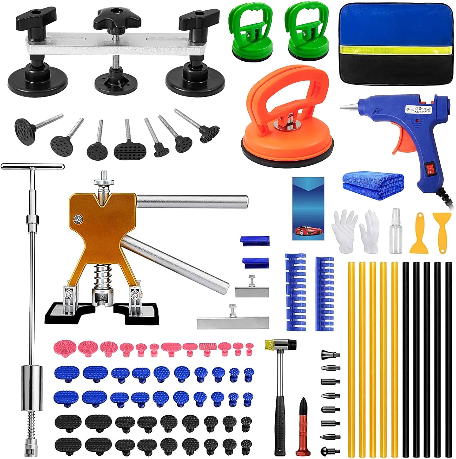 97pcs Dent Puller Kit, Paintless Dent Removal Kit for Dent Repair, Dent Repair Kit with Golden Lifter, Slide Hammer T-Bar, Bridge Puller, Car Dent Puller Kit for Auto Hail Damage Door Ding A-97 pcs
