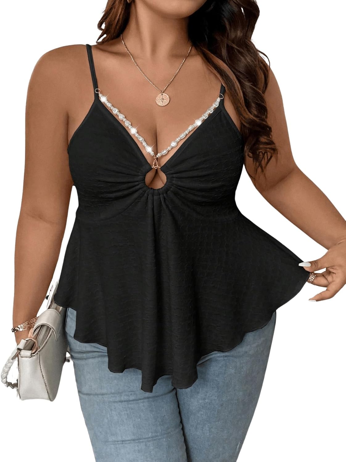 SHENHE Women's Plus Size V Neck Asymmetrical Flared Hem Cute Peplum Top Boho Camisole Tank - Image 5