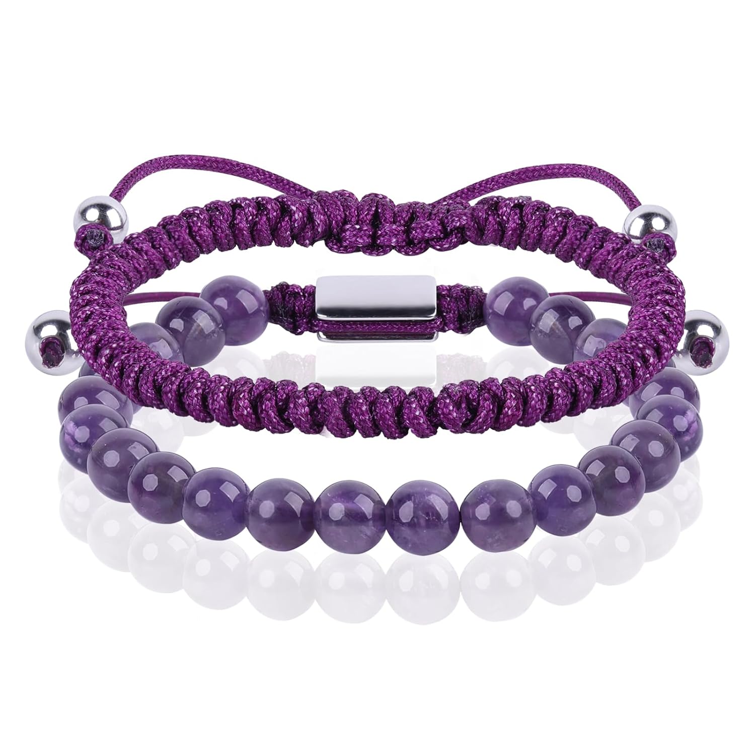 Purple Amethyst Bracelet for Women (6mm(Amethyst) & Rope Bracelet) Thumbnail