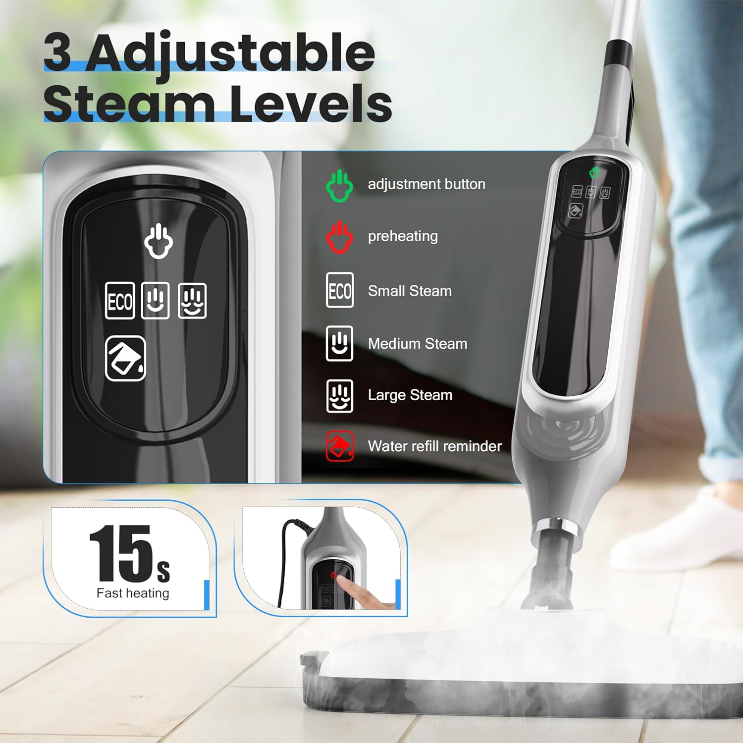 12 in 1 Steam Mop, Detachable Handheld Steam Cleaner for Home, 23FT Cord, for Hardwood Floor Cleaning, Tile, Carpet, Furniture, Clothes, Windows, Grey