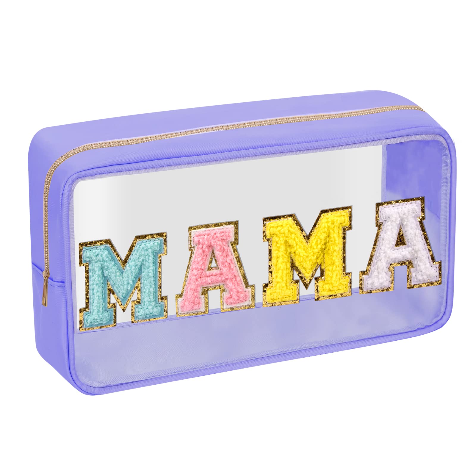 Iqimott Clear Patch Makeup Bag Mama Pouch, Preppy Personalized Chenille Letter Cosmetic Pouch for Travel, Nylon Waterproof Travel Essentials Zipper