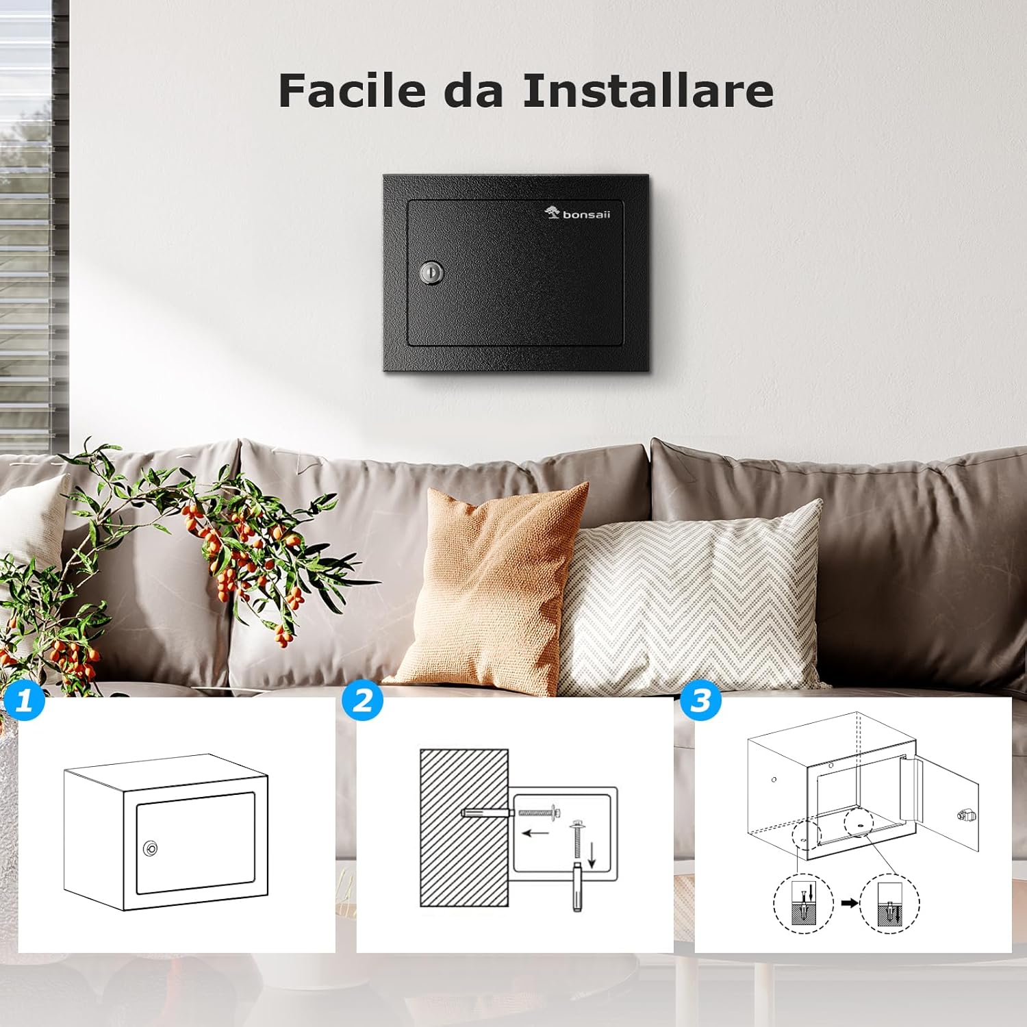Diagram showing three steps for installing the Bonsaii SF004 safe: 1. Positioning the safe, 2. Drilling holes, 3. Securing with bolts.