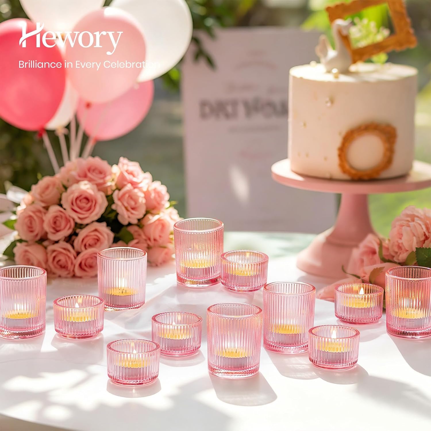 Hewory Glass Tealight Candle Holder: 24 PCS Pink Votive Candle Holders Bulk