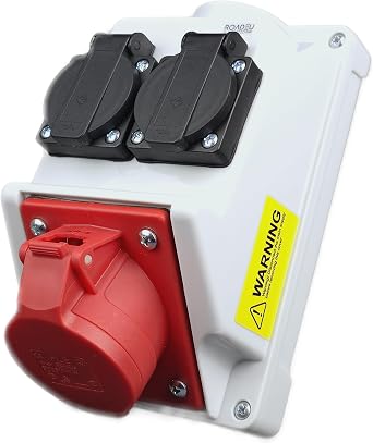 RoadEu - 16Amp Power Distributor 400V with UK monophase sockets. CEE Wall Mounted Socket Combination Box 16A 5P 400V and 2x 13Amp 230V IP44. Perfect for construction sites, workshops, sheds or gardens