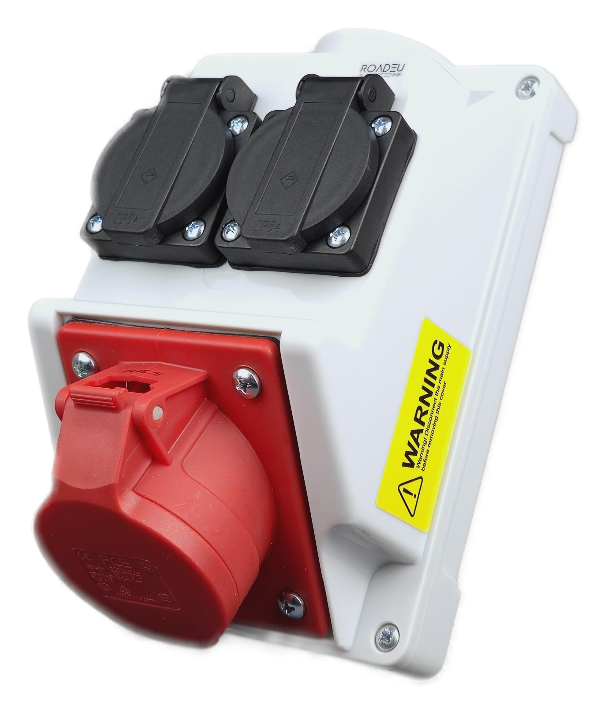 RoadEu - 16Amp Power Distributor 400V with UK monophase sockets. CEE Wall Mounted Socket Combination Box 16A 5P 400V and 2x 13Amp 230V IP44. Perfect for construction sites, workshops, sheds or gardens