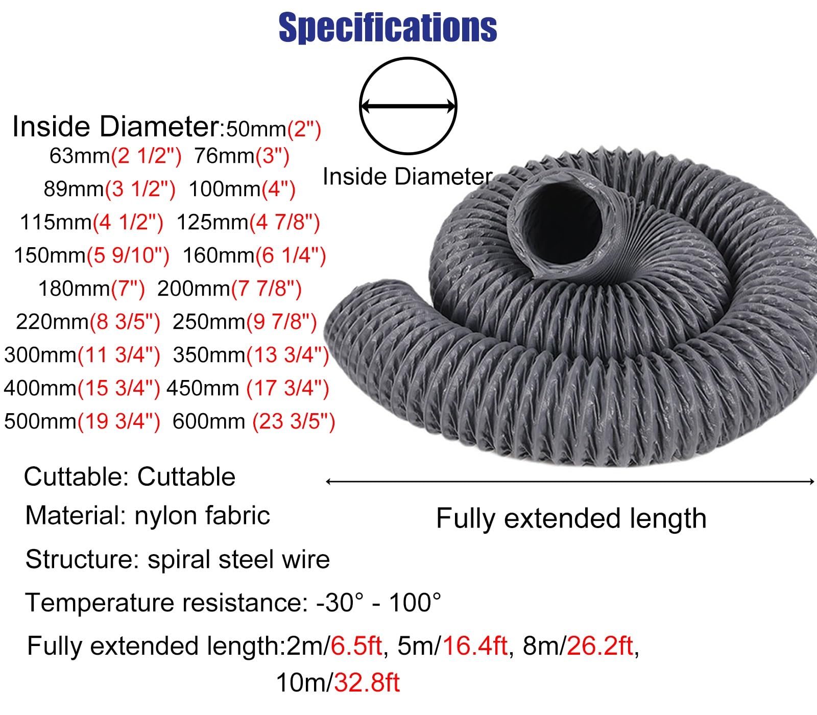 Manguera flexible de nailon grueso de 26 pies para casas verdes, baño, secador, habitaciones, kit de manguera de ventilación resistente con abrazaderas de 17 3/4 pulgadas de diámetro