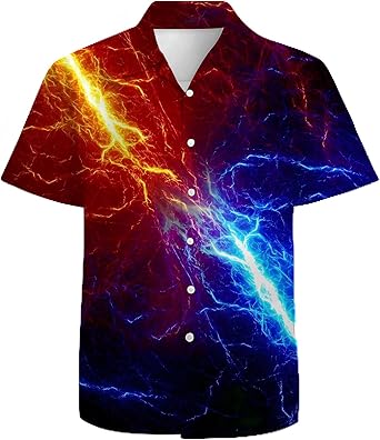Lightning Blue Red Mens Funny Hawaiian Shirts 3D Graphic Button Down Short Sleeve Tropical Holiday Beach Aloha Shirt
