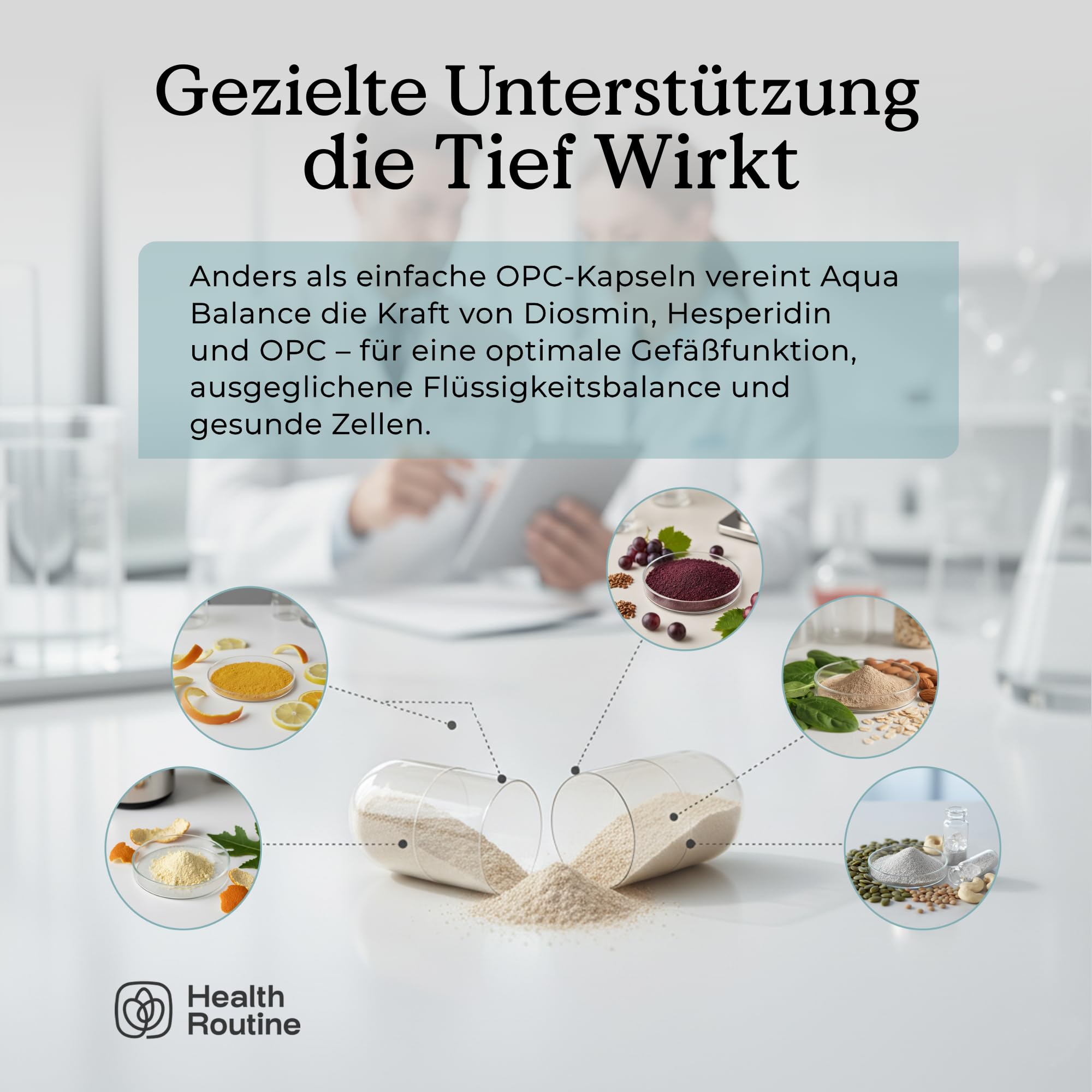 Health Routine Aqua Balance - 60 Kapseln 30 Portionen - Nahrungsergänzungsmittel mit OPC Traubenkernextrakt Hochdosiert, Diosmin, Kupfer und Brennnessel zur Unterstützung von Bindegewebe und Venen
