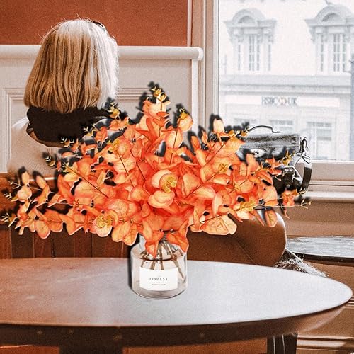 Miniatura 4 de Tinsow Ramas de eucalipto artificiales, tallo de eucalipto sintético, tallos de otoño, Halloween, decoración del hogar (naranja rojizo, 10)