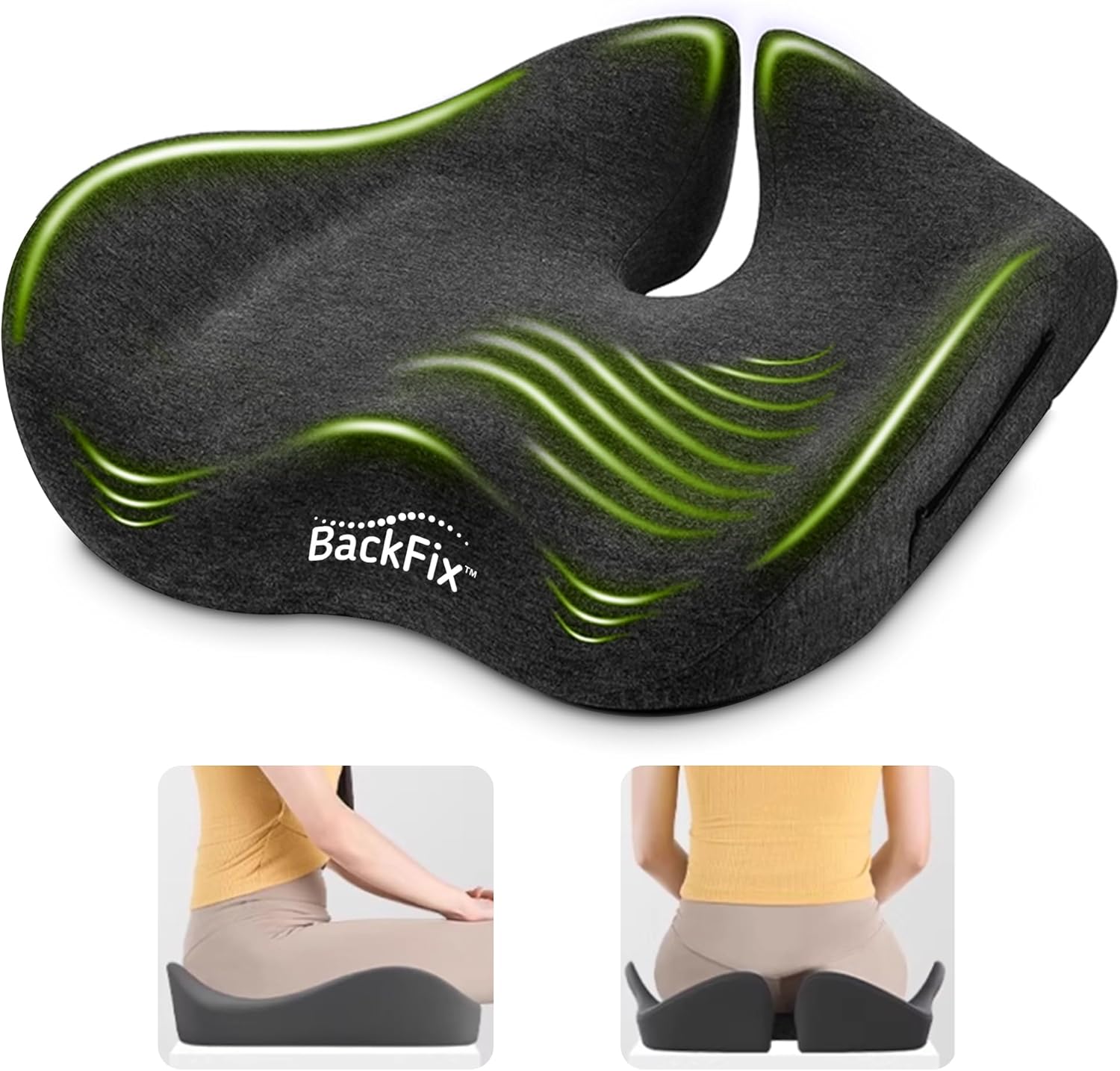 BackFix Extra Large Wide Support Car Seat Cushion – Pressure Relief Hip, Lumbar, Tailbone, Sciatica. Adaptive Contour Memory Foam. Cooling Tech Car-Truck-Office Seat, Black