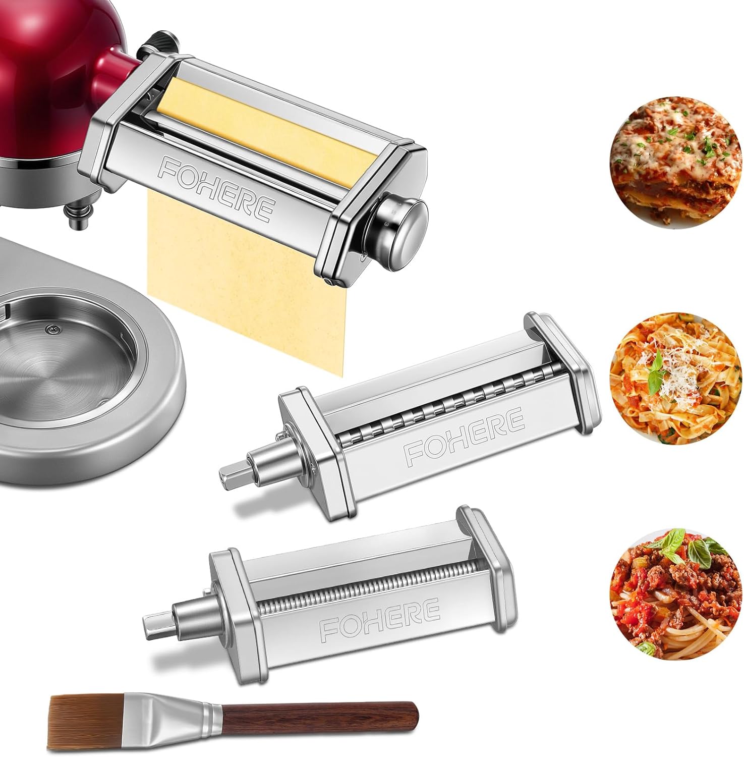 Pasta Maker Attachment for KitchenAid Stand Mixer, Pasta Maker Accessories Set Included Pasta Roller, Fettuccine Cutter, Spaghetti Cutter and Cleaning Brush, Homemade Fresh Noodles and Italian Cuisine