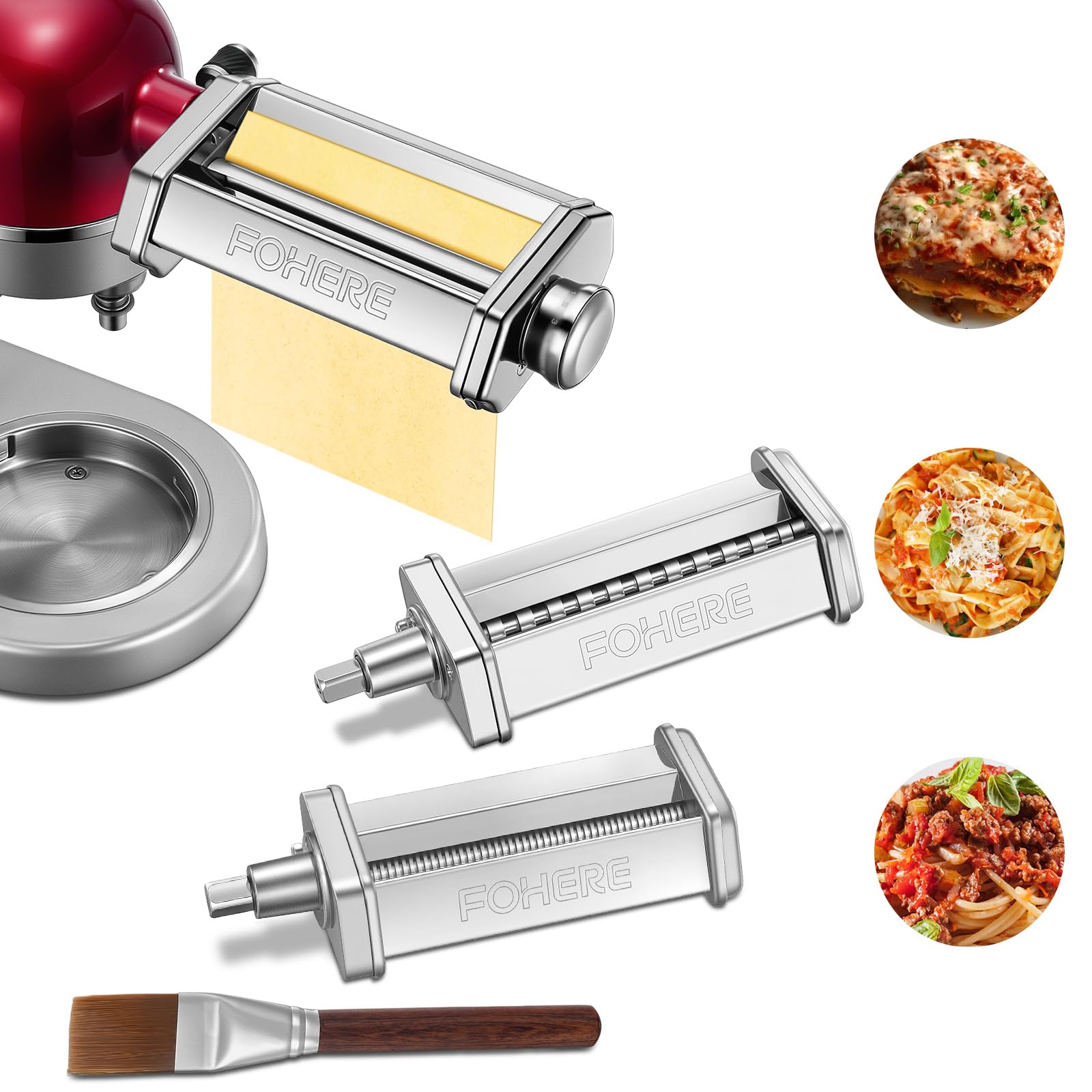 FOHERE Accessoires pour Machine à Pâtes pour KitchenAid Robot Pâtissier, Comprend Rouleau à Pâtes, Coupe-Fettuccines, Coupe-Spaghettis et Brosse à Nettoyage (7 épaisseurs Réglables)