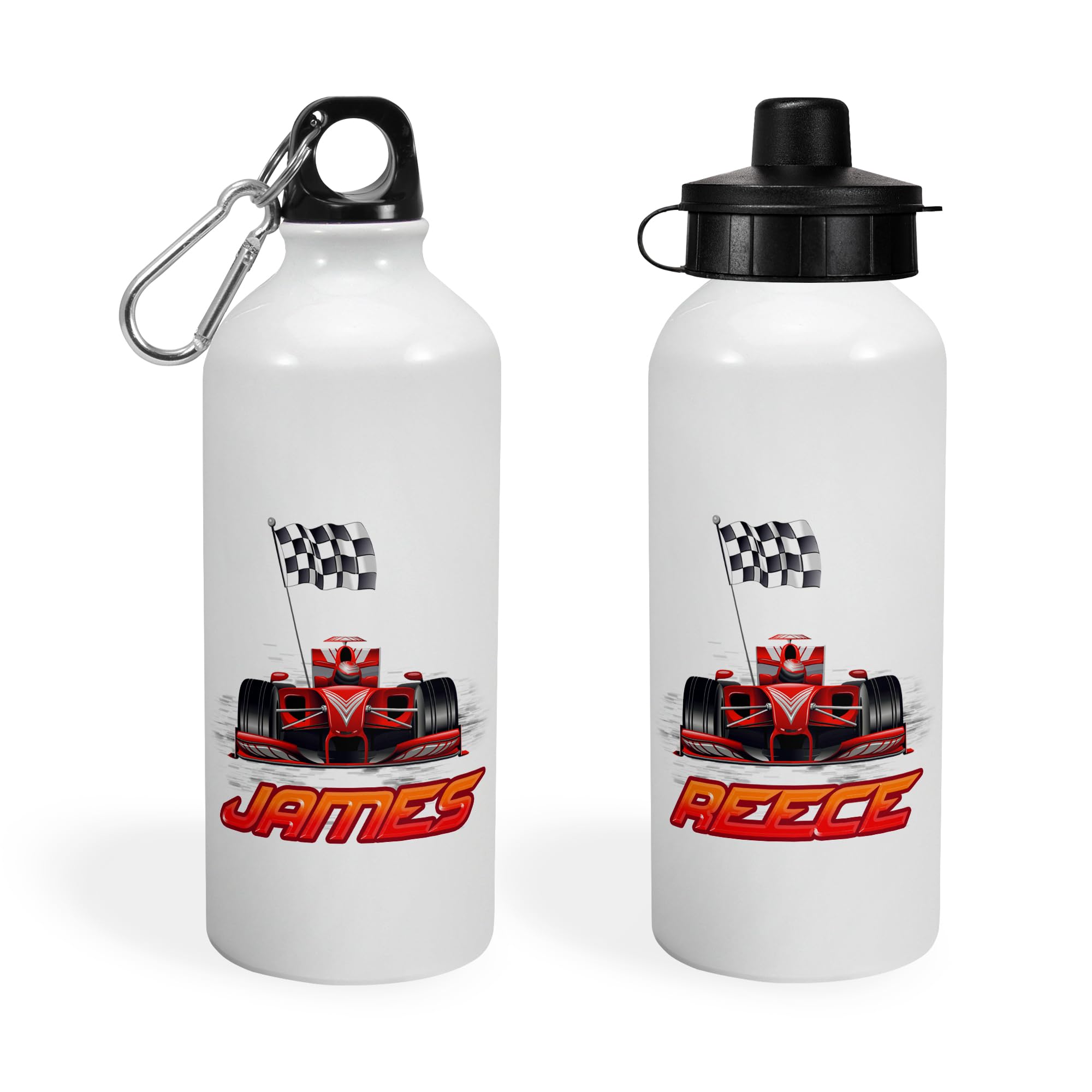 Print Maniacs Personalised Water Bottle School Sport Cap Drink White Silver 600ml or 400ml Aluminium Kid Boys Girls Biking Gift Racing Car (White, 600ml)