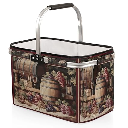 Kizmoglux Grape Wine Collapsible Market Basket, Foldable Picnic Basket - Large Shopping Basket with Handles, Portable Folding Bag for Shopping Camping Picnic
