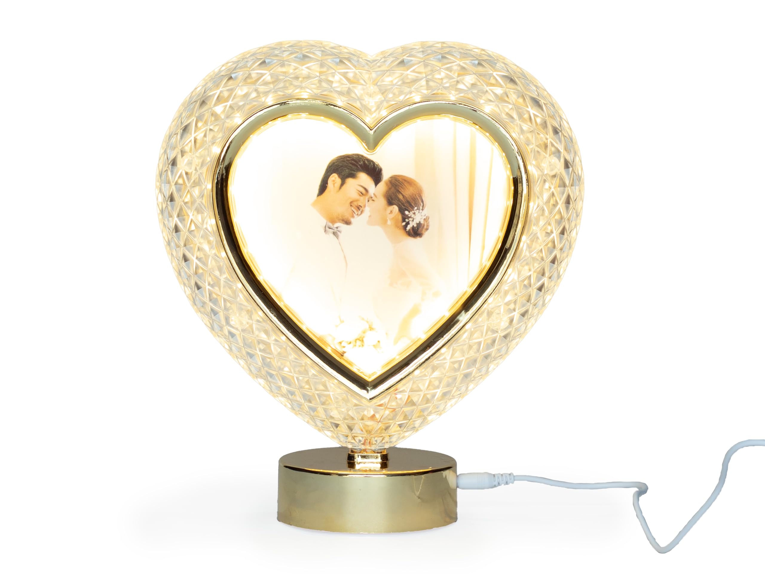 AT SUB Crystal Glass (Heart) Photo Frame With Golden Light Photos | Round Photo Frame with Round Light | Gift Personalized Frames For Valentines Day Gifts, Anniversary, Birthday | Plastic