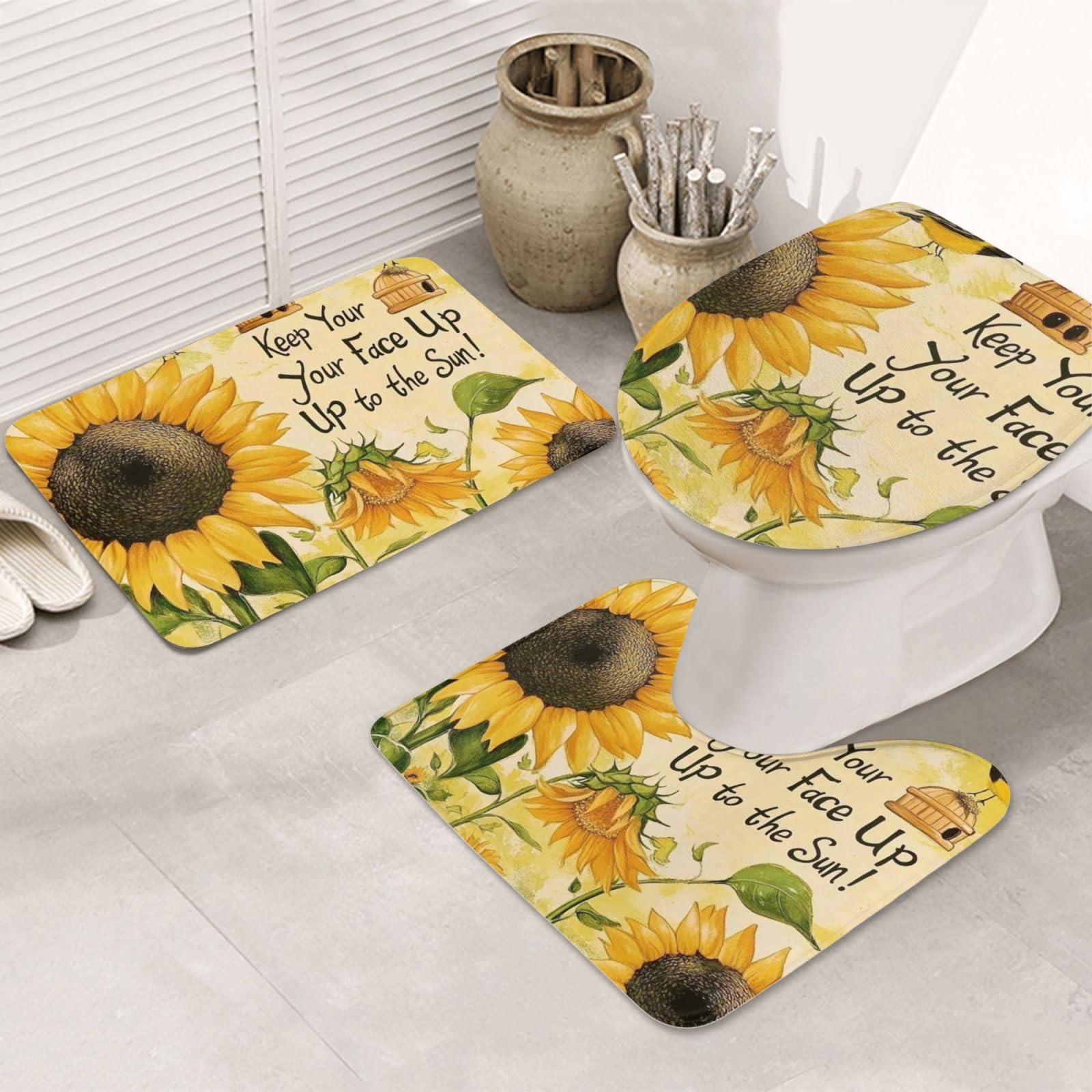 Alfombras de baño de girasoles (juego de 3 piezas) con alfombrilla, contorno y tapa antideslizante