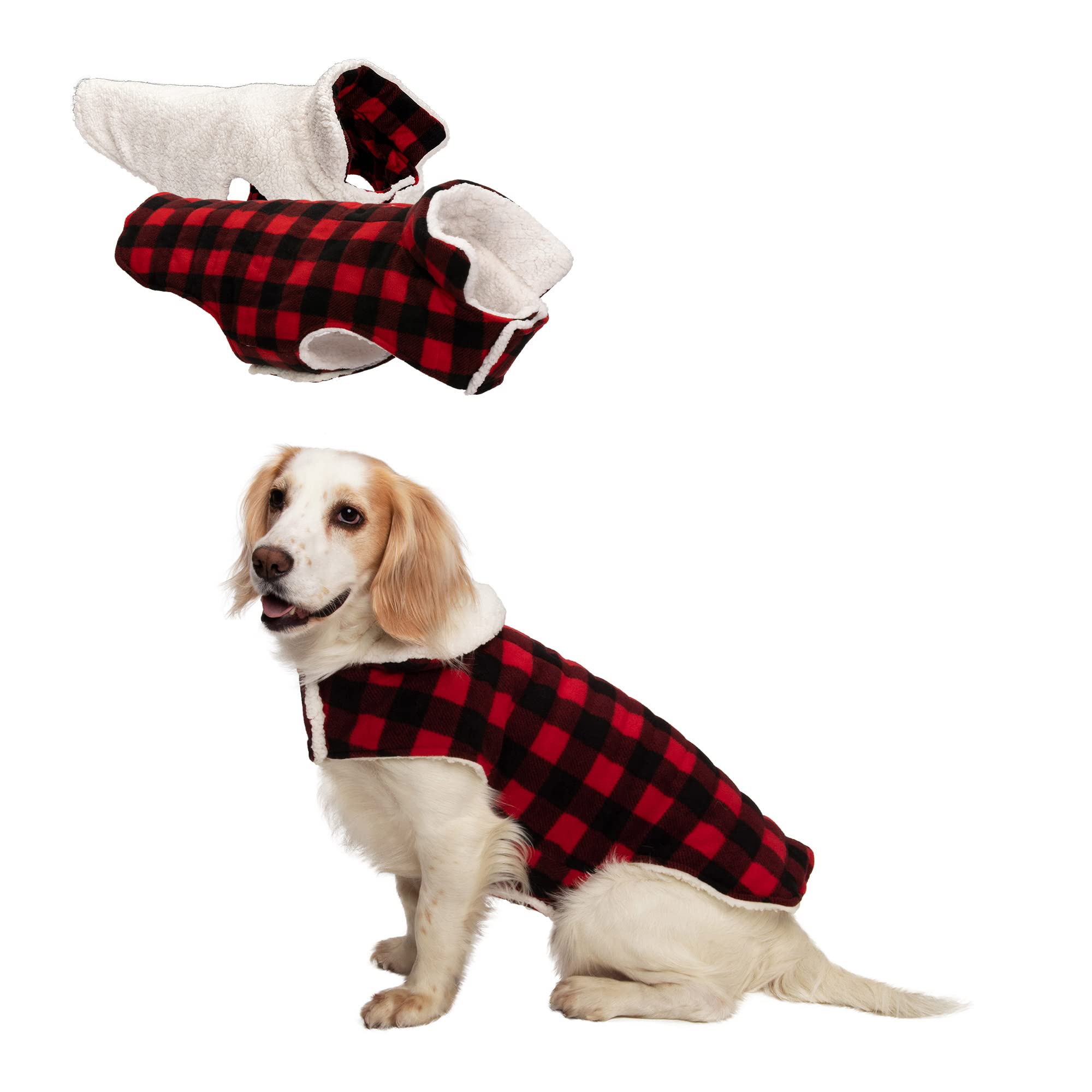 Furhaven Reversible Medium Dog Coat, Washable & Insulating w/ Leash Access - Sherpa & Plaid Fleece Flex-Fit Jacket - Cream/Red, Medium