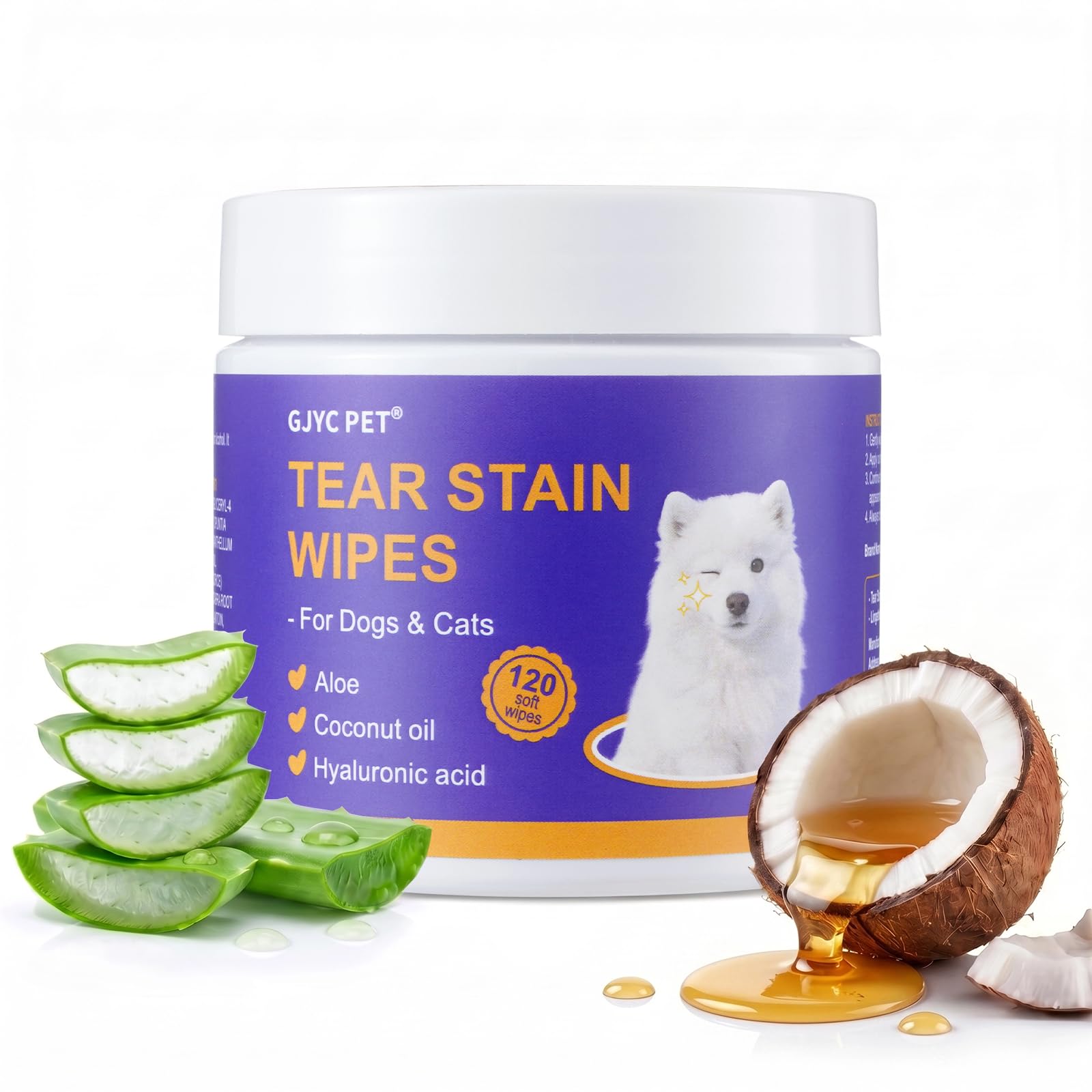 Tear Stain Remover Wipes for Dogs &amp; Cats, Extra Thick Dog Eye Wipes with Coconut Oil, Probiotics &amp; Aloe - Natural Pet Face Wipes for Stains, Odors &amp; Folds - pH Balanced, 120 Count