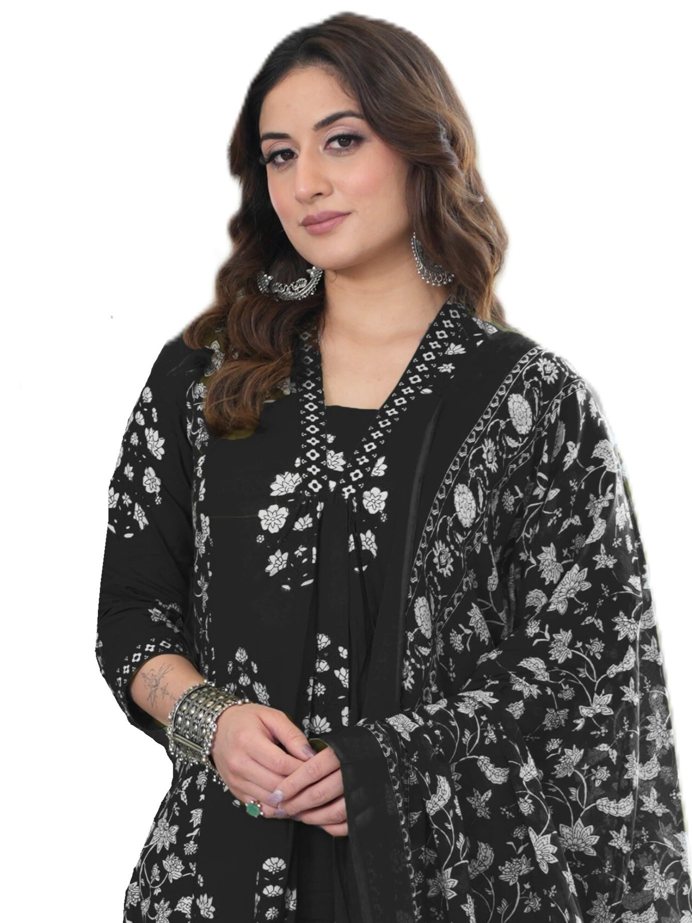 Arayna Women's Pure Cotton Block Printed Ethnic Wear Kurta Set with Palazzo Pants & Dupatta