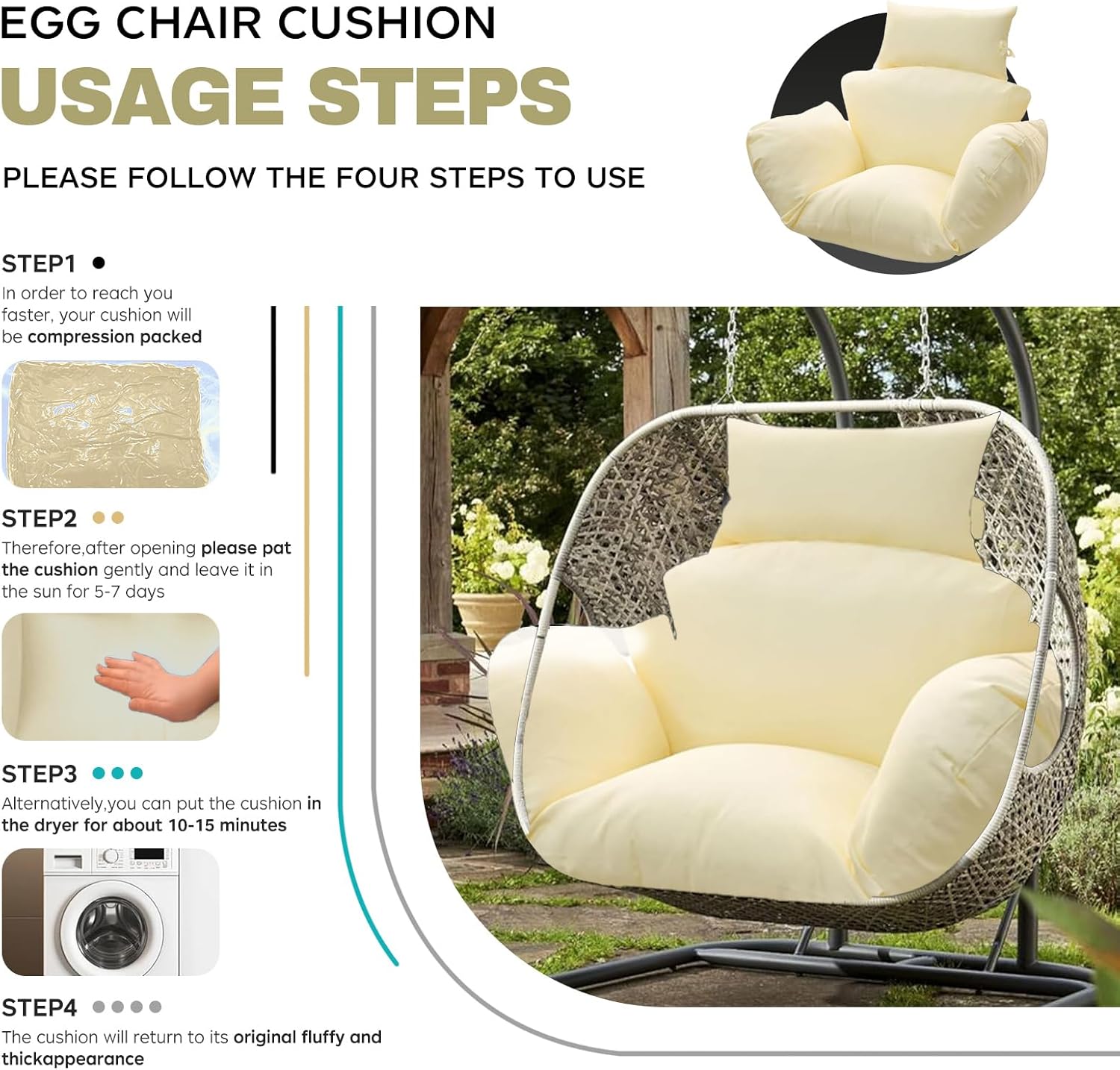 Egg Chair Cushion Replacement 47x31.5x4.7 Inch -Thicken Foldable Removable Waterproof Egg Chair Cushions with Headrest, Outdoor Hanging Chair Cushion, Patio Swing Cushions Beige