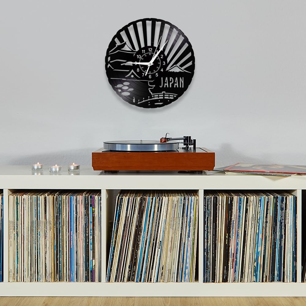 12 Inch Japanese Culture Vinyl Record Wall Clock, Silent Non Ticking Battery Operated Wall Clock Retro Decorative Japan Wall Watch Clock for Bedroom Kitchen Living Room Asia Traveling Gift