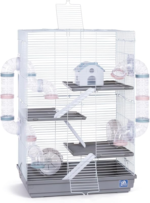 Jaula gris de 4 niveles de Hamster Playhouse - Casa de animales pequeños con plataformas, túneles, ruedas y accesorios, recinto portátil de interior para jerbo, ratón y hámster - Gris