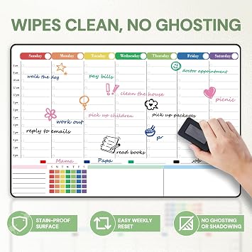 POPRUN Magnetic Weekly Planner Whiteboard for Fridge, Dry Erase Calendar
