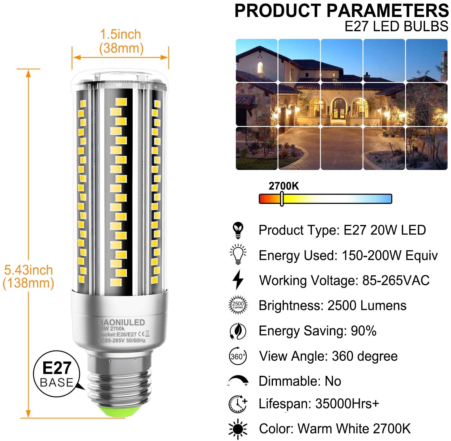 SANSI Ampoules LED E27 22W Blanc Chaud 3000K, Ampoules LED Puissantes 3000LM Haute Luminosité