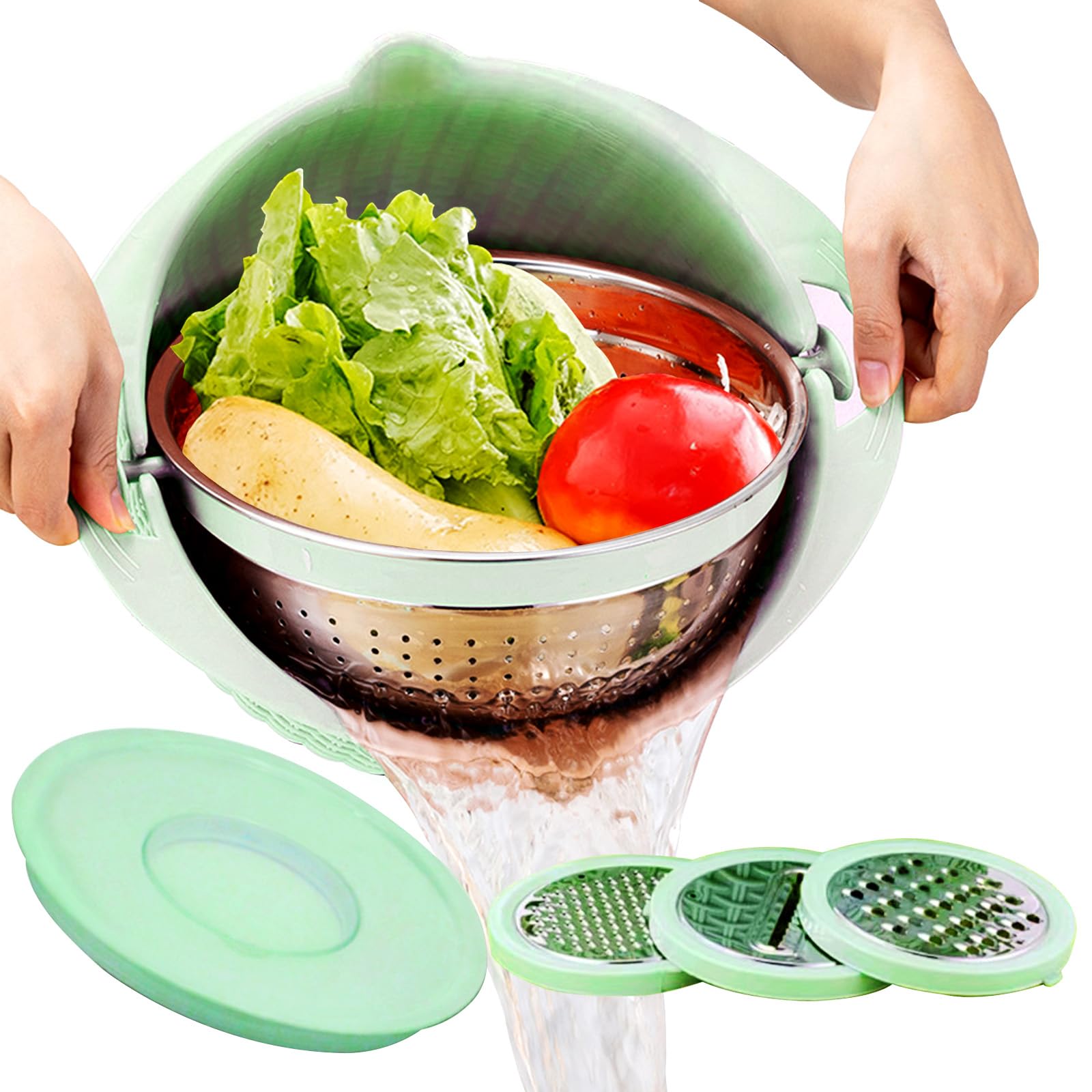 4-in-1 Colander with Mixing Bowl Set Kitchen Strainers, SIWRIOM Food Strainers and Colanders with Vegetable Slicer, Rotatable Washing Strainer Basket, Salad Spinner, Colander for Pasta and Rice