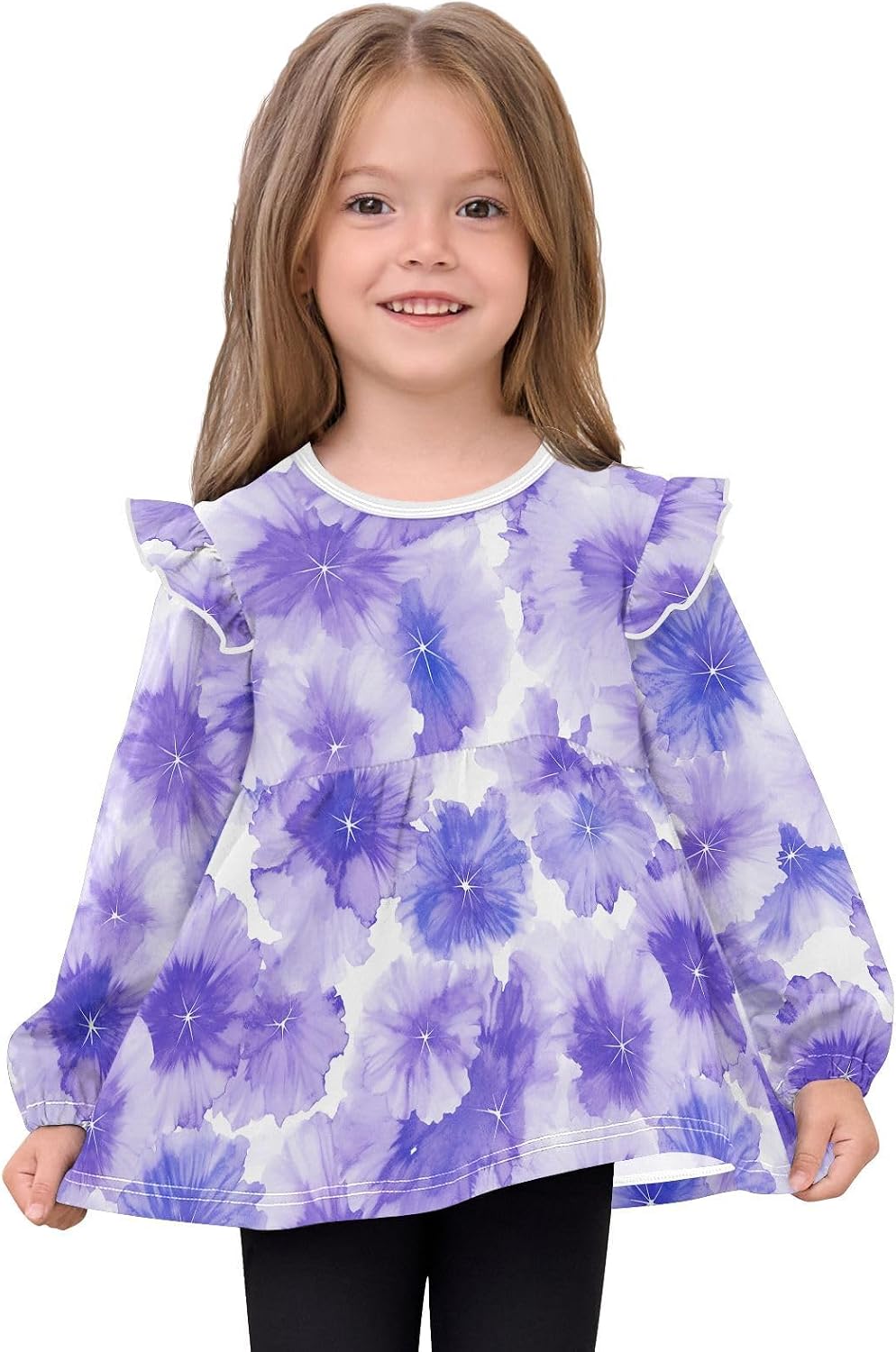 visesunny Toddler Clothes for Girls Purple Ink Flower Graphic Long Sleeve Fall Shirts Cotton Top with Ruffle Collar