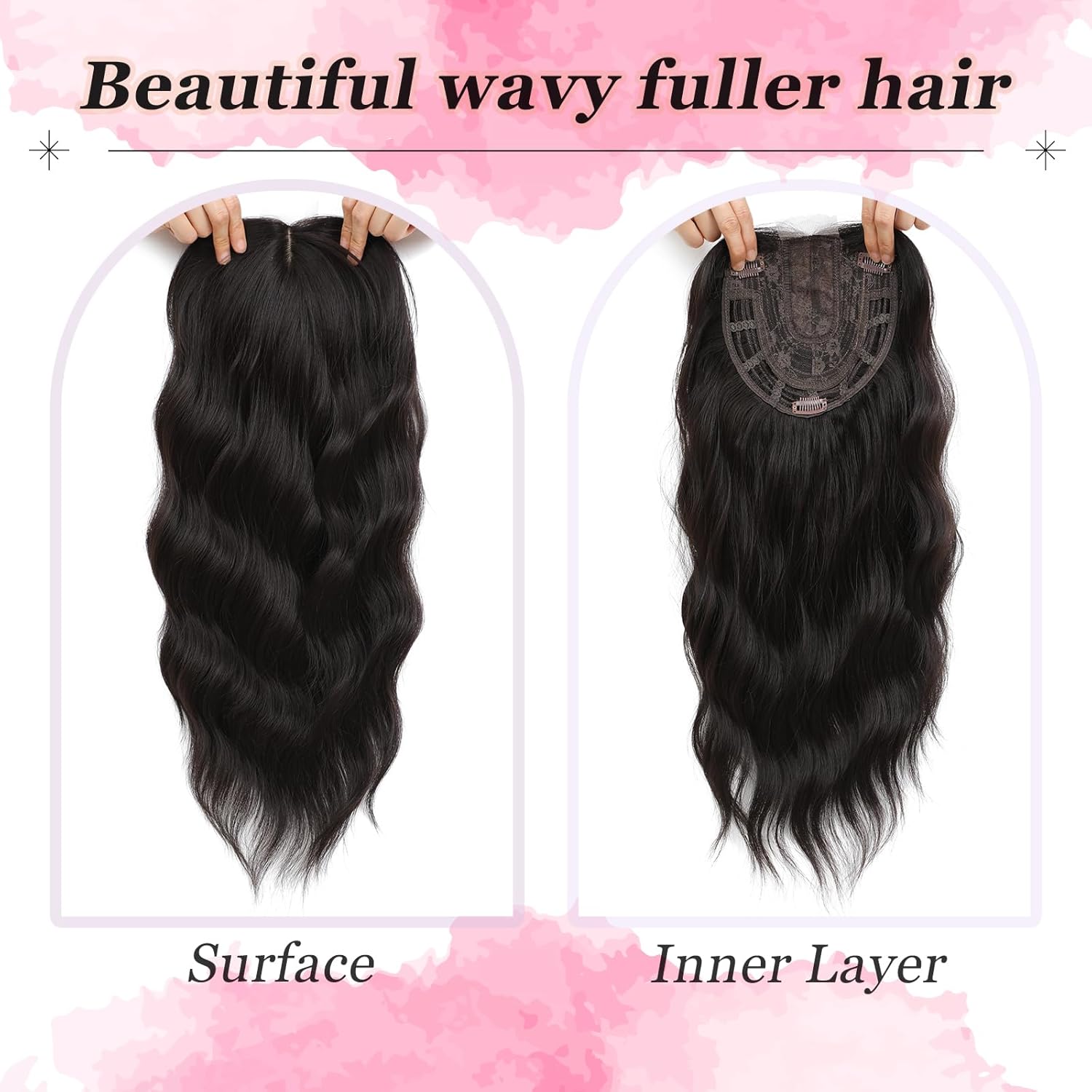 Hair Topper, 360° 3D Hair Toppers for Women with Thinning Crown, 18 Inch Long Wavy Curly Hair Pieces Clip in Bangs (Brown Black, 18 inch, Side Bangs)