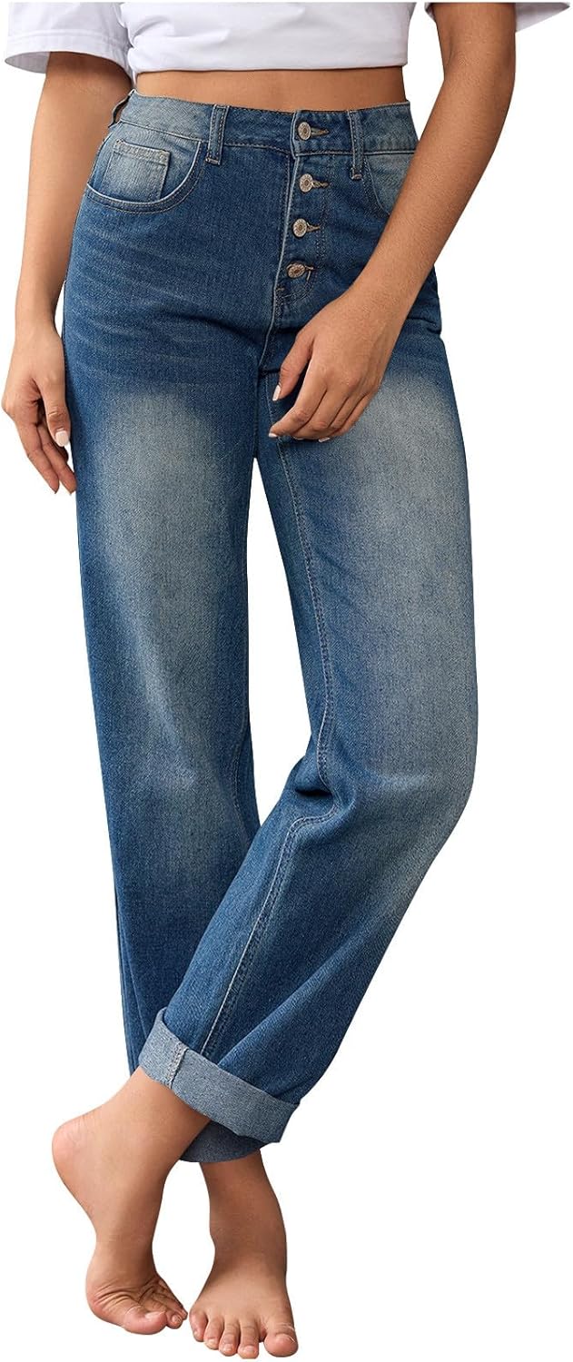 Baggy Wide Leg Jeans for Women Straight Leg Loose Stretchy High Waisted Denim Pants Casual Y2K Trousers with Pockets